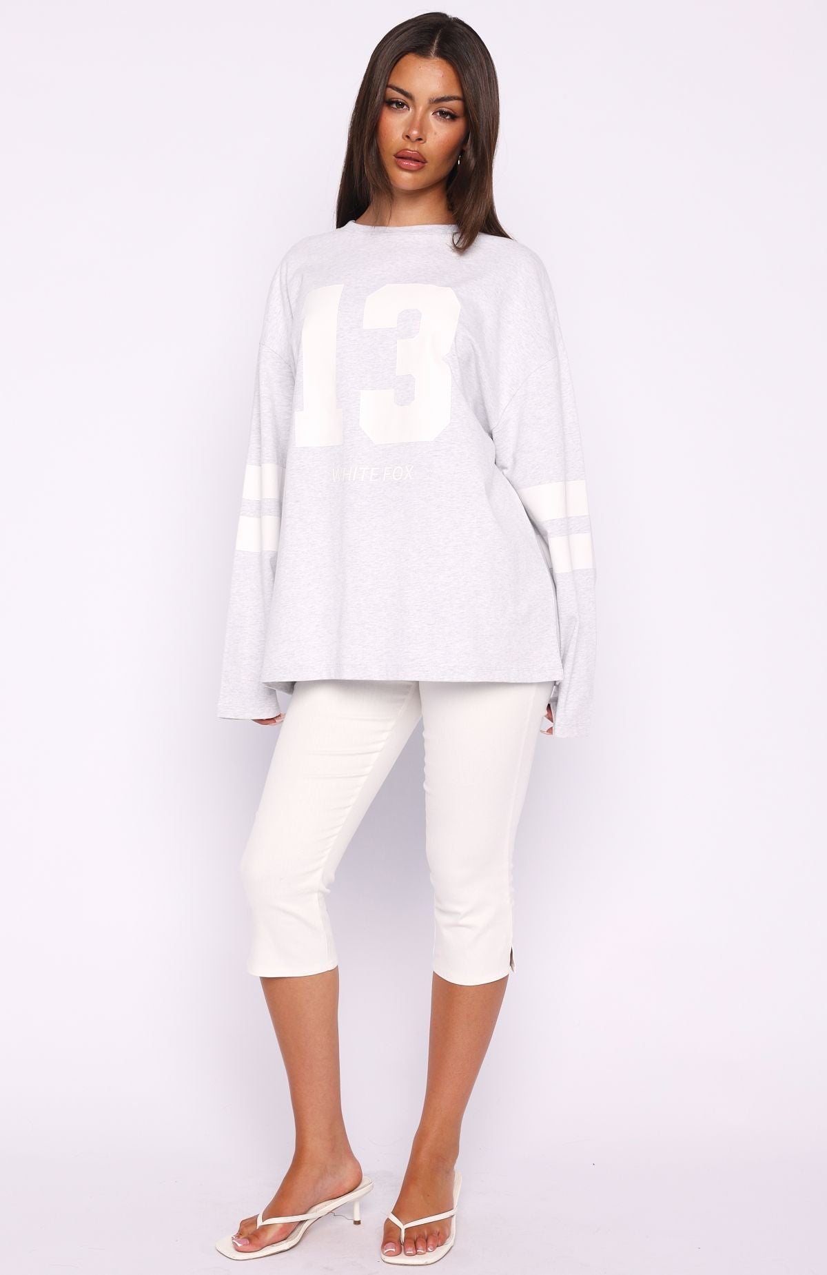 White Fox Playing Ball Oversized Long Sleeve Tee Grey Marle