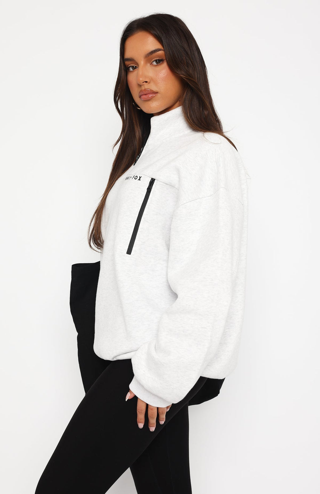 White Fox Where Did You Go Zip Front Sweater Grey Marle