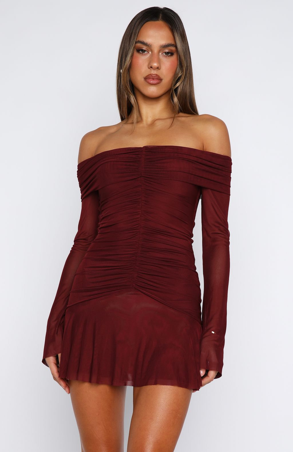 White Fox Dreaming Of Yesterday Long Sleeve Mini Dress Burgundy