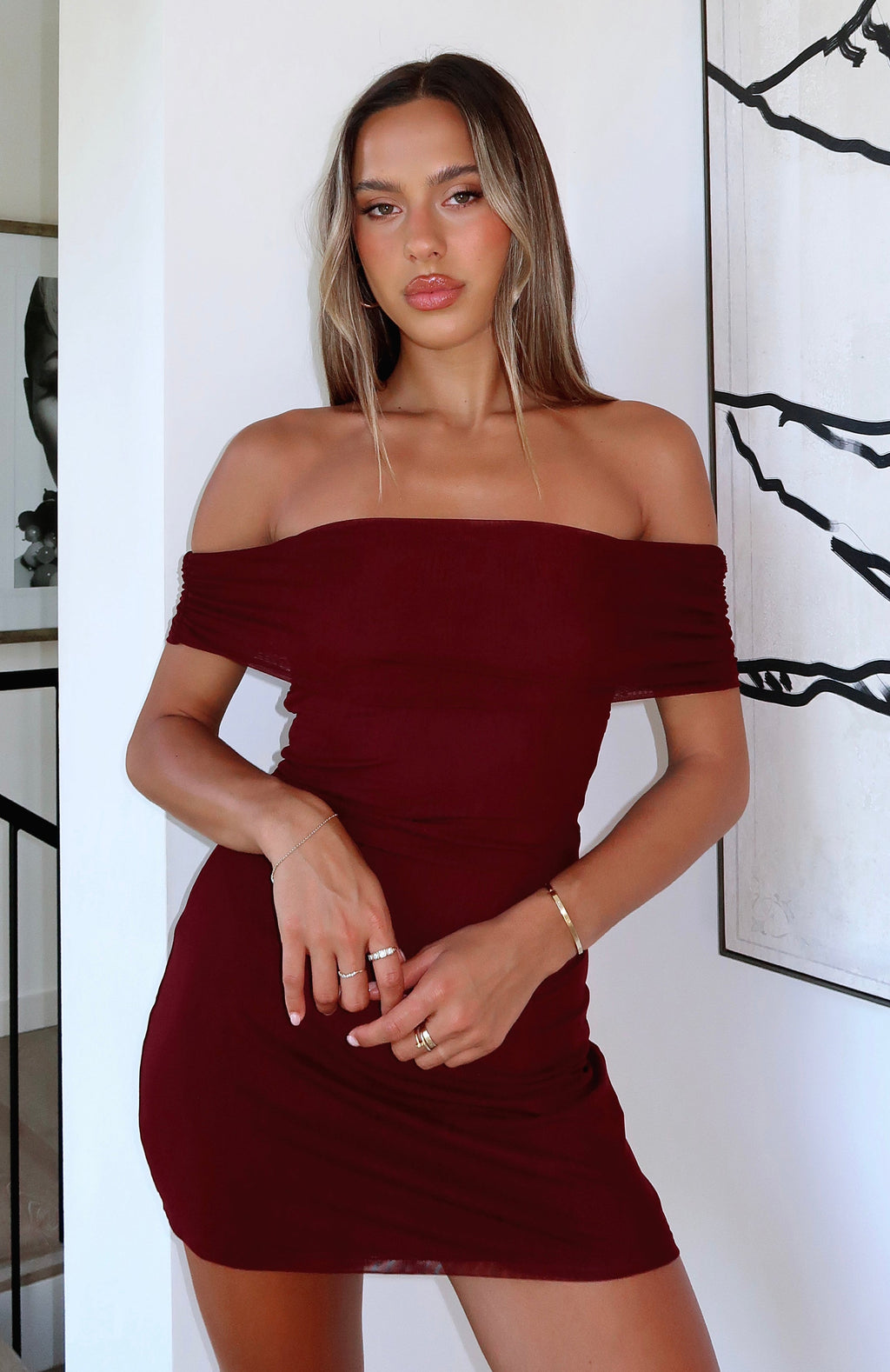 White Fox Got The Talent Off Shoulder Mini Dress Burgundy