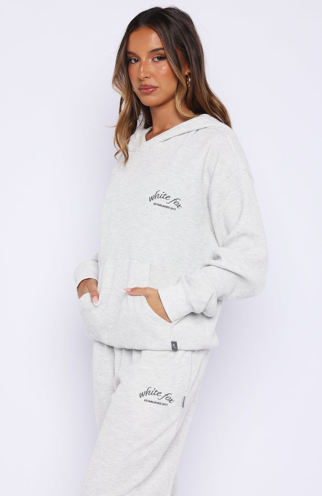 White Fox Moving Out Waffle Oversized Hoodie Light Grey Marle