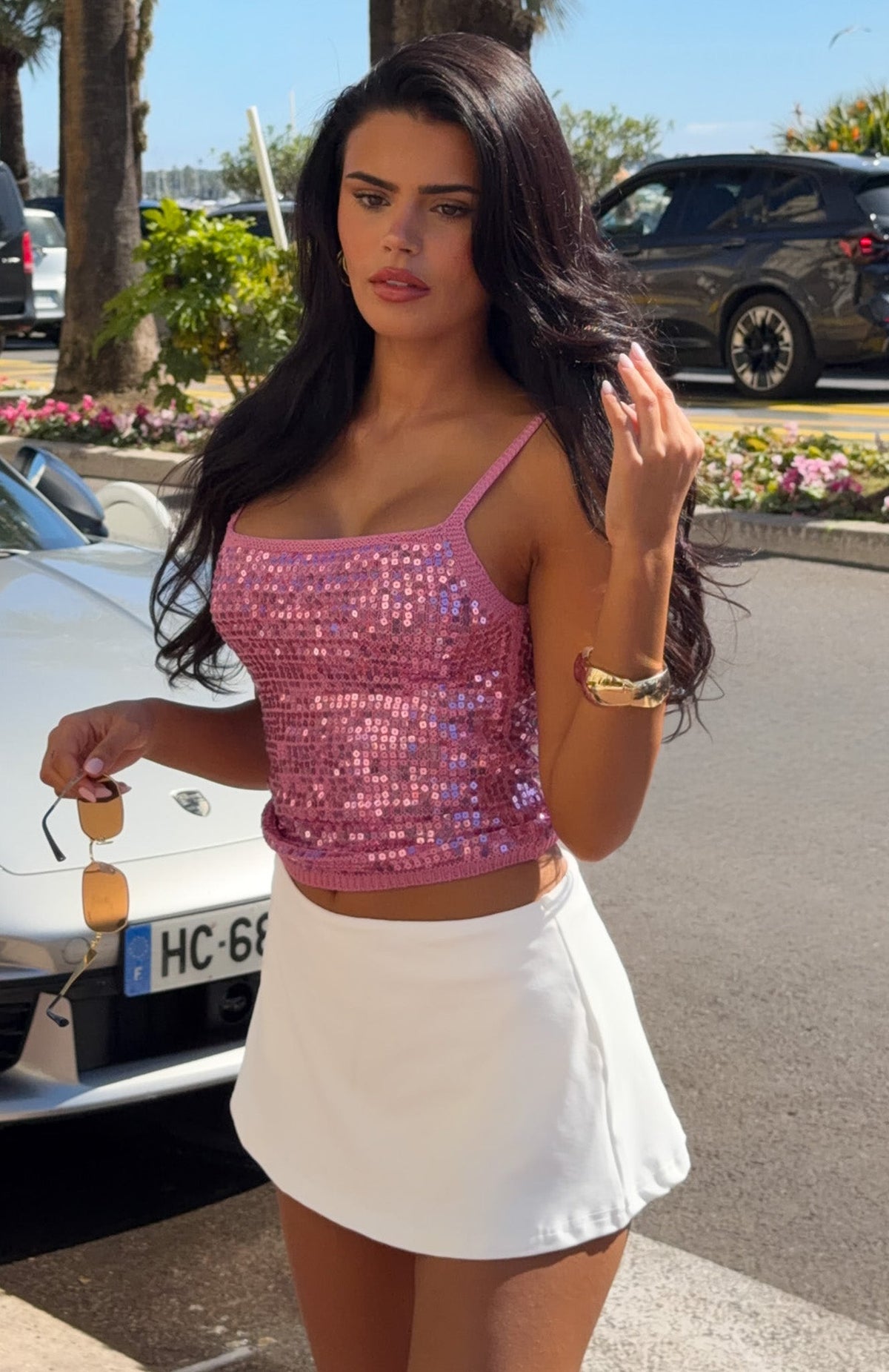 White Fox Sweet Like That Sequin Knit Top Pink