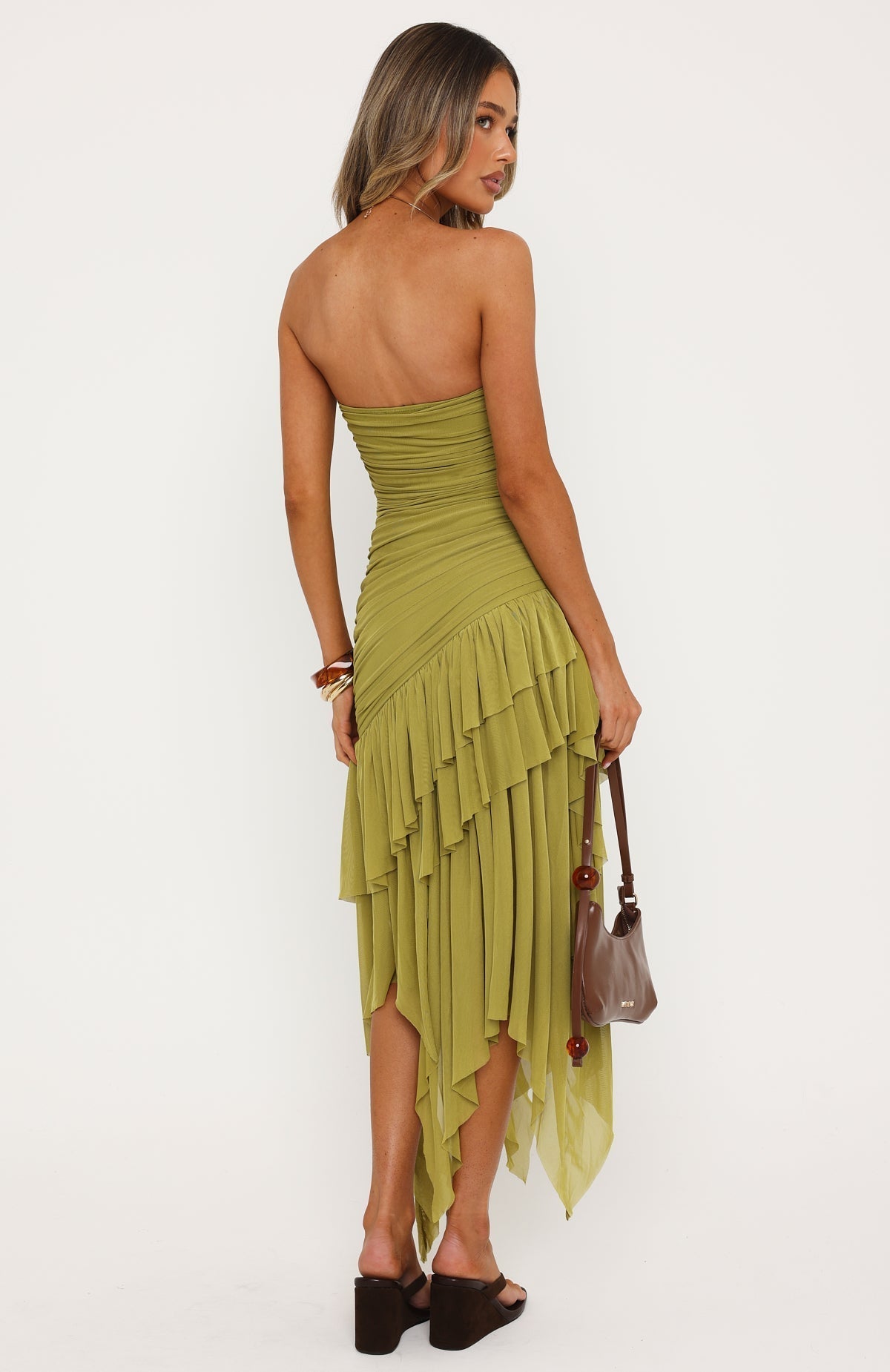 White Fox Venetian Dreams Strapless Midi Dress Matcha