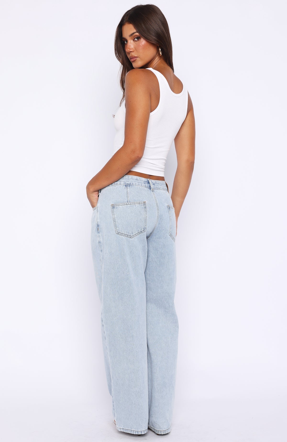 White Fox Day At A Time Low Rise Wide Leg Jeans Mid Blue