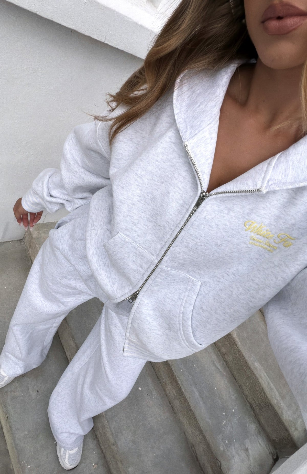 White Fox Verano Sixteen Fiorella Boxy Zip Front Hoodie Grey Marle