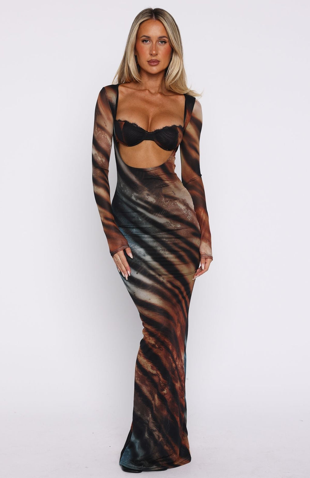 White Fox Let Me Think Long Sleeve Maxi Dress Opal Surge
