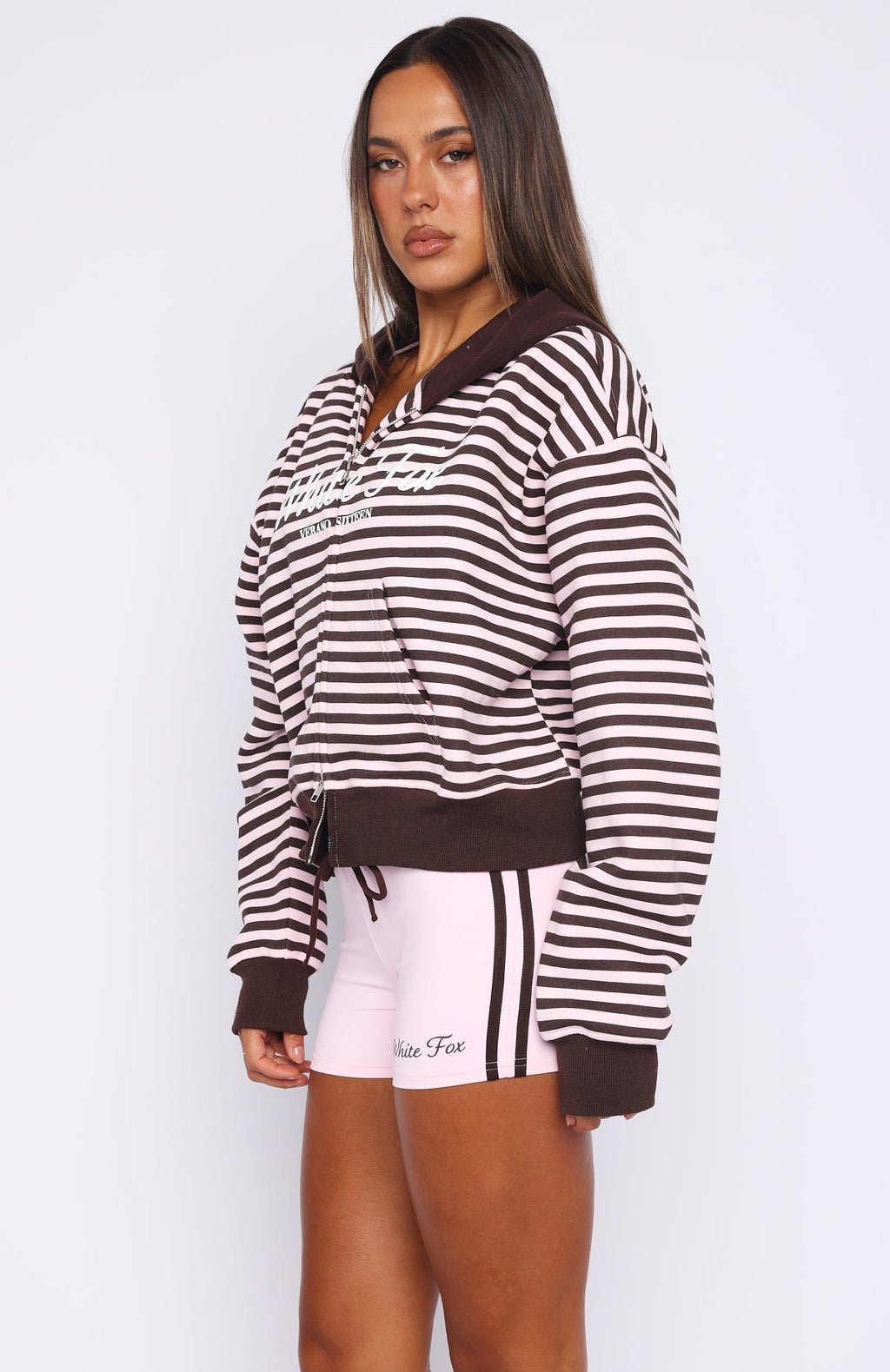 White Fox Verano Sixteen Maria Boxy Zip Front Hoodie Pink/Choc Stripe