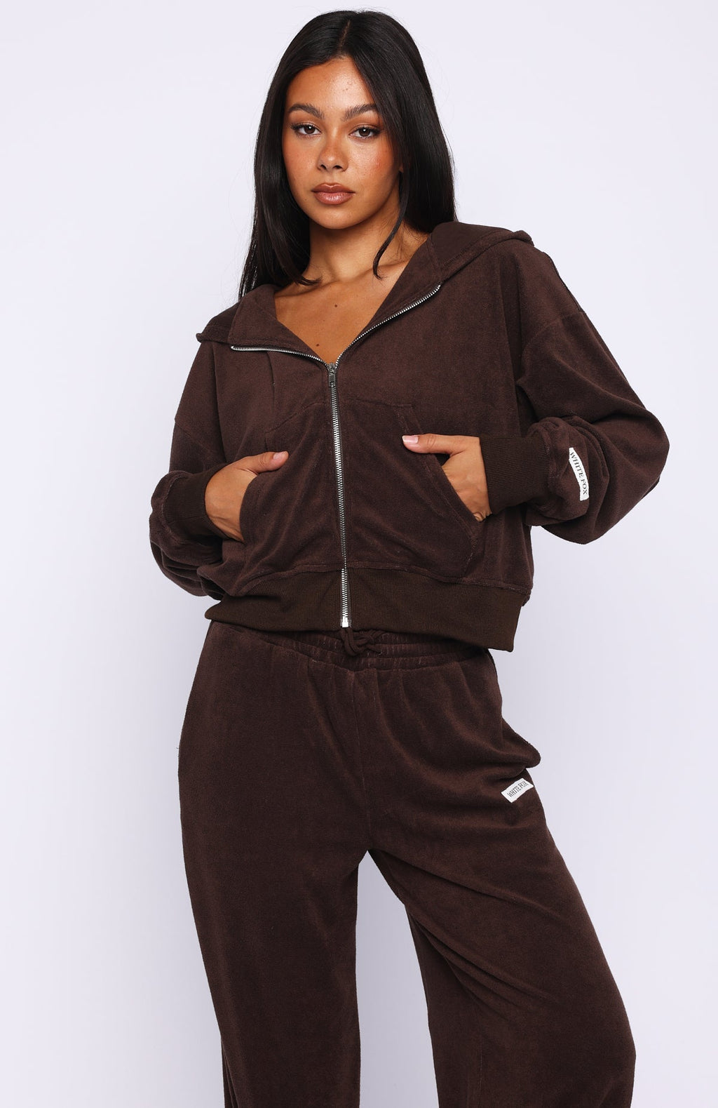 White Fox Causing Commotion Terry Boxy Zip Front Hoodie Chocolate