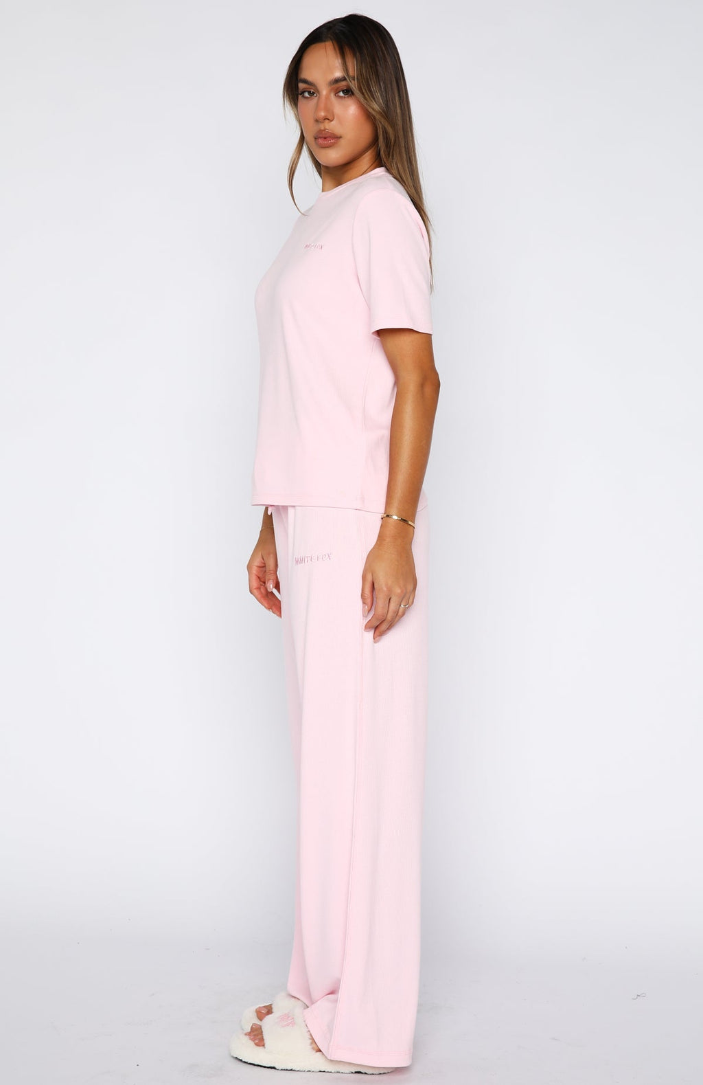 White Fox Come A Long Way Soft Lounge Ribbed Wide Leg Pants Pink