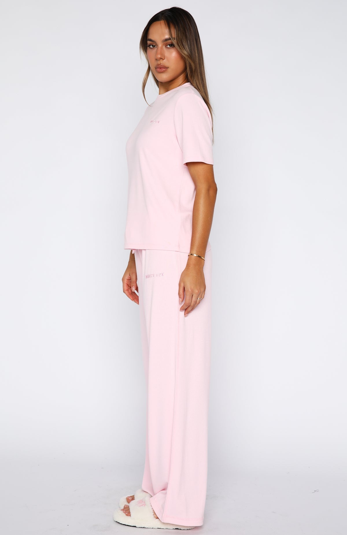 White Fox Come A Long Way Soft Lounge Ribbed Wide Leg Pants Pink