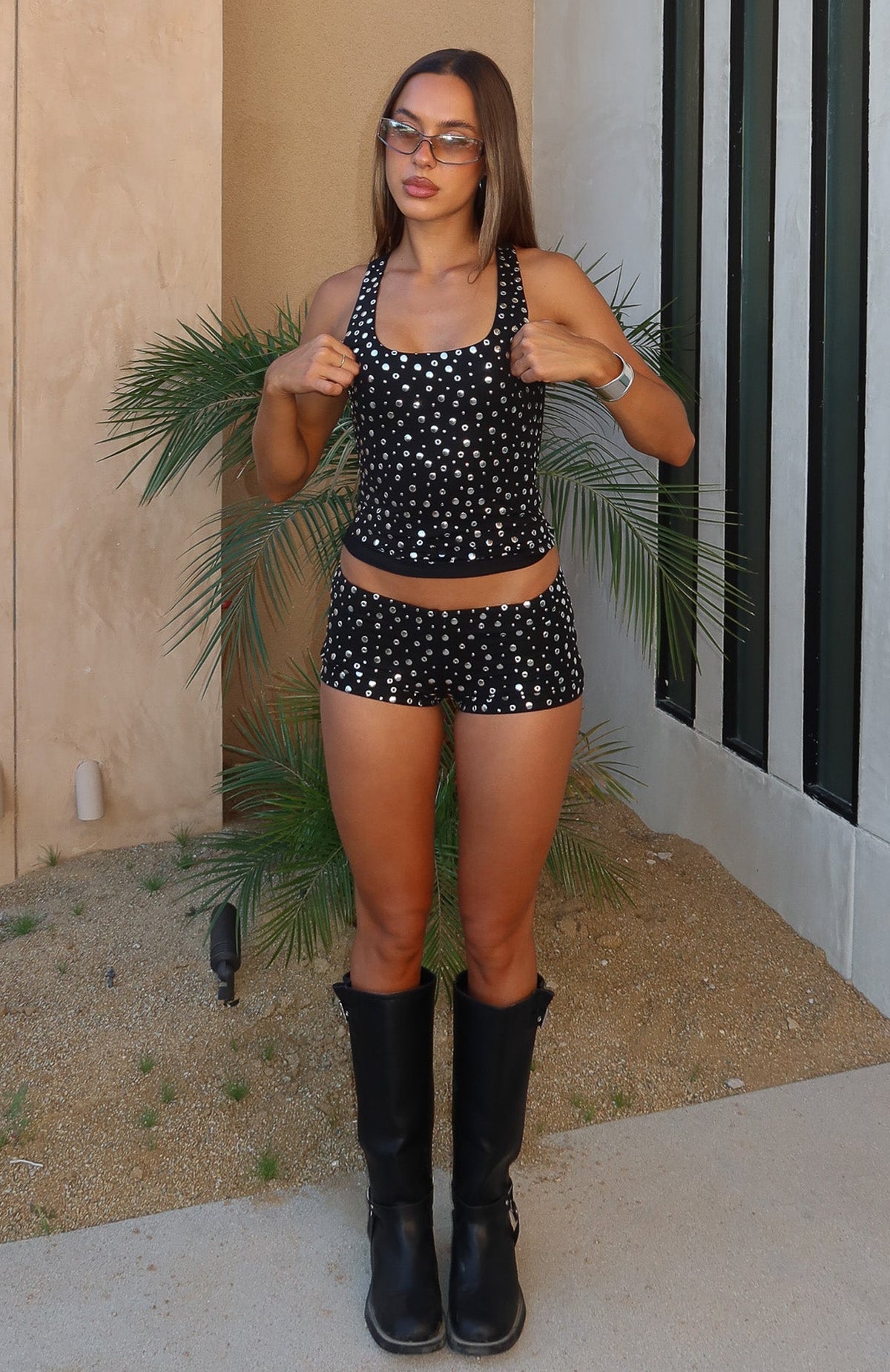 White Fox Festival Feels Studded Shorts Black