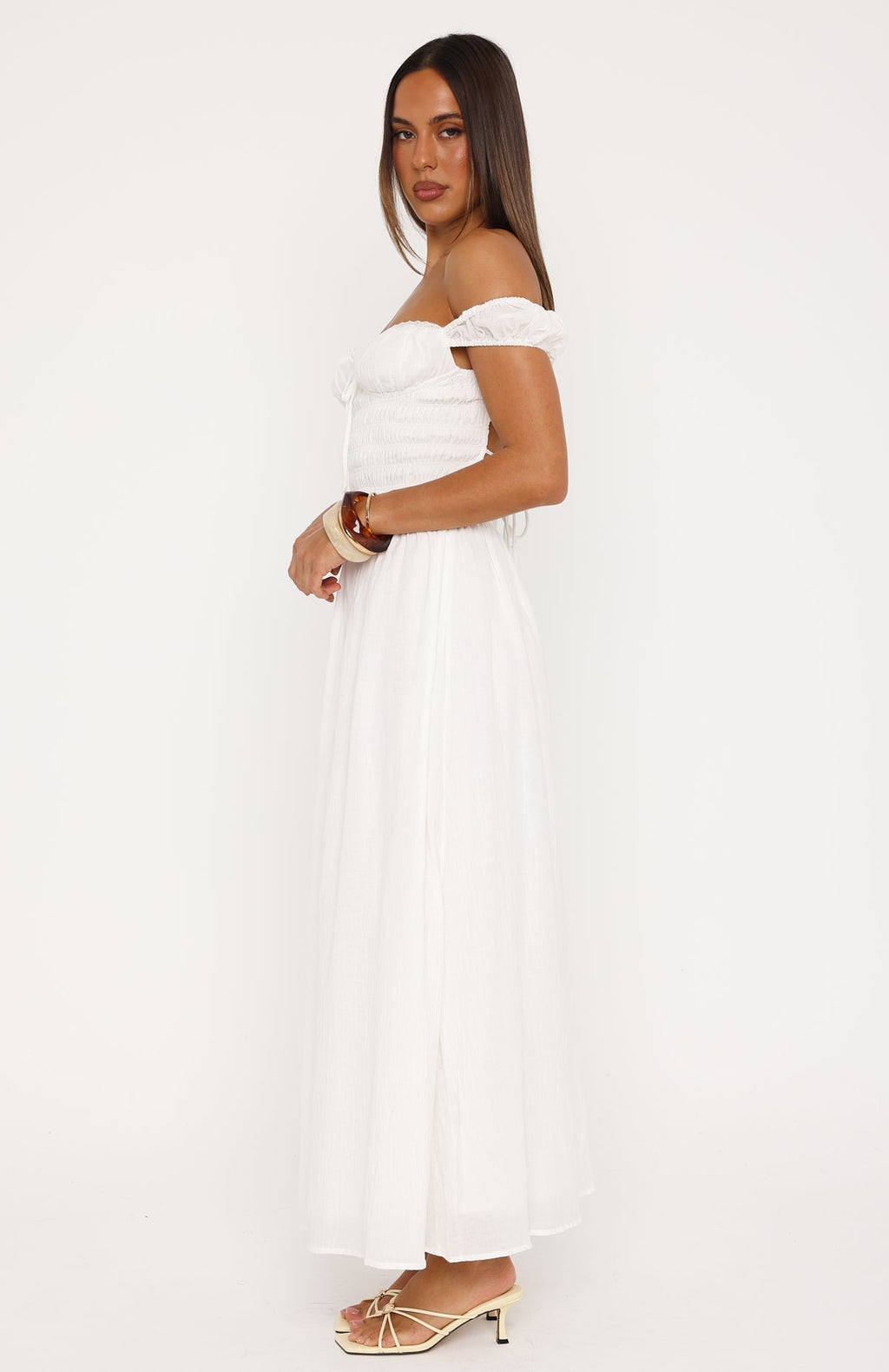 White Fox High Views Off Shoulder Maxi Dress White