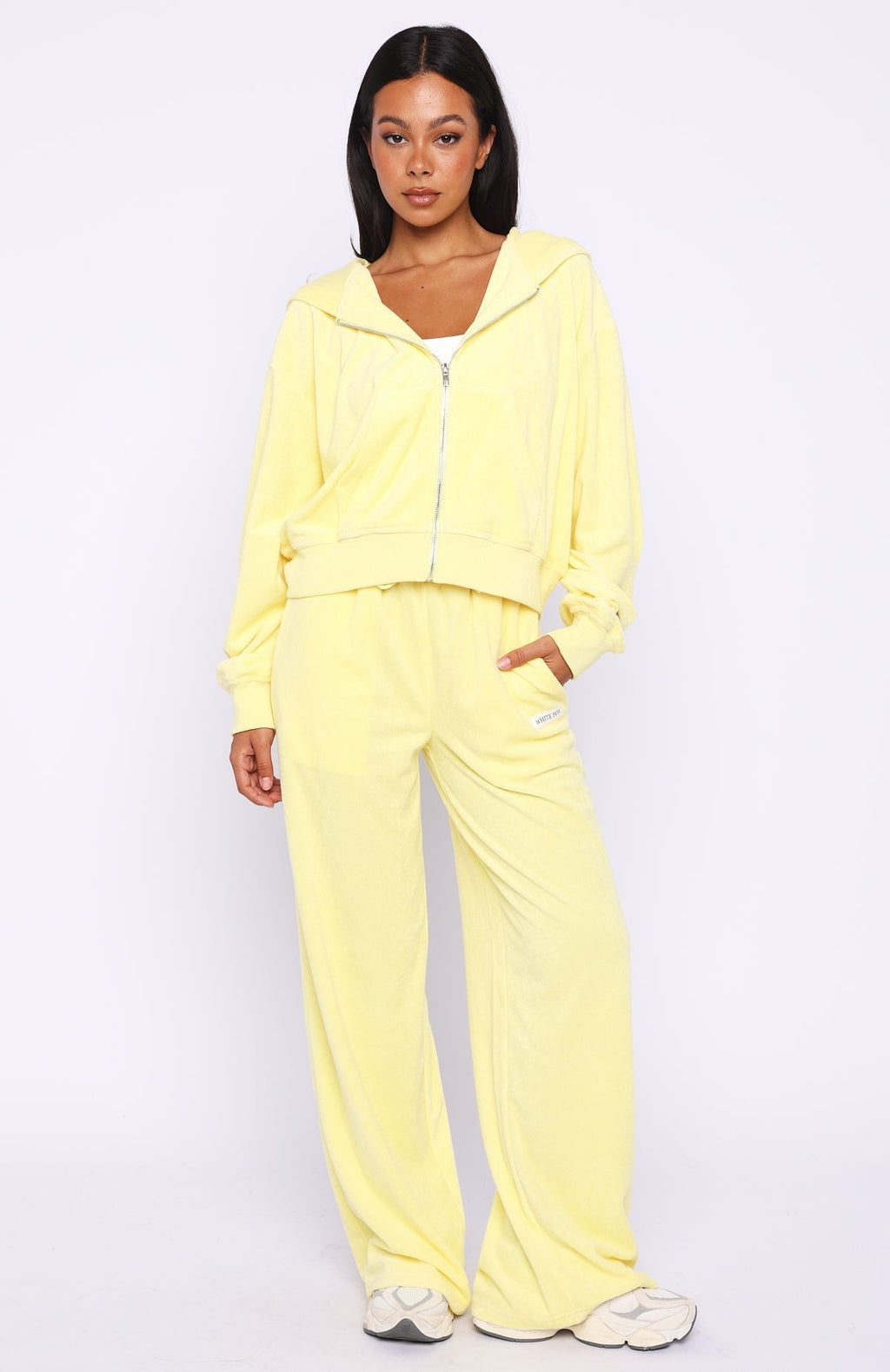 White Fox Causing Commotion Terry Boxy Zip Front Hoodie Lemon