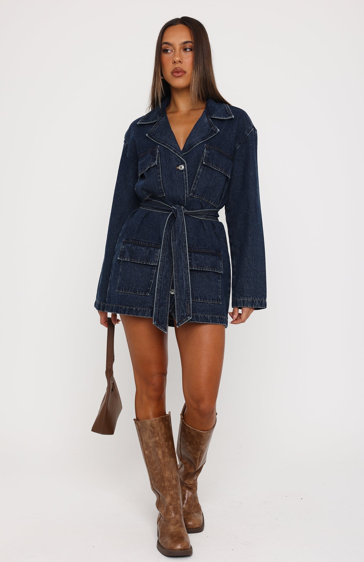 White Fox Freefall Romance Long Sleeve Denim Dress Dark Blue