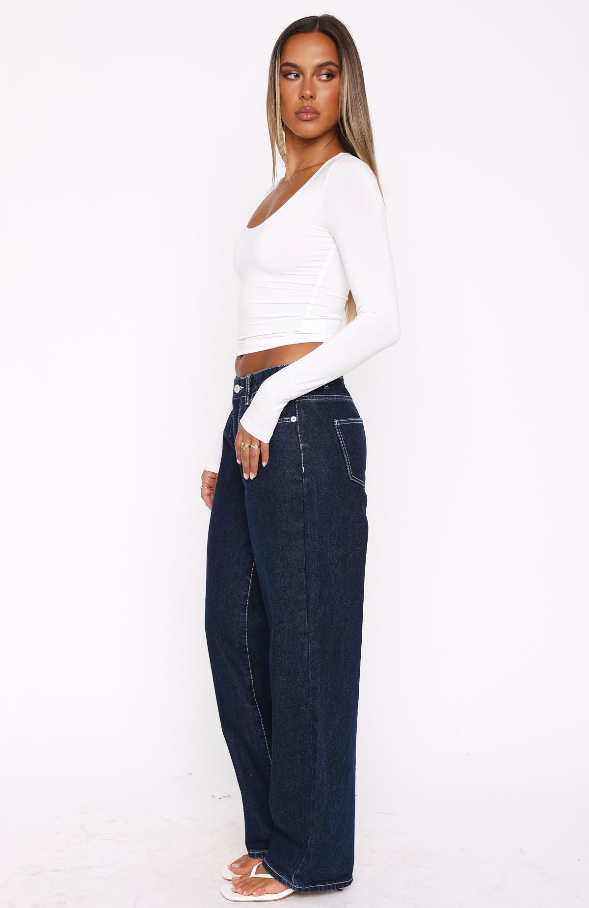 White Fox Bring The Style Low Rise Wide Leg Jeans Dark Indigo
