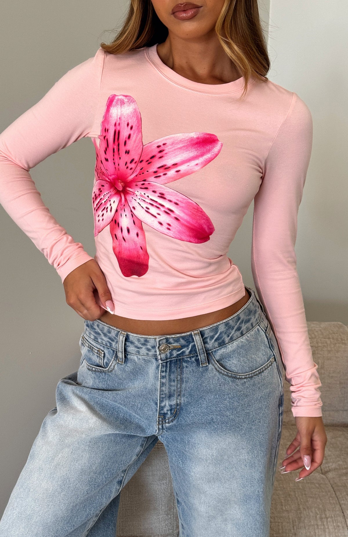 White Fox Flower Beds Long Sleeve Baby Tee Baby Pink