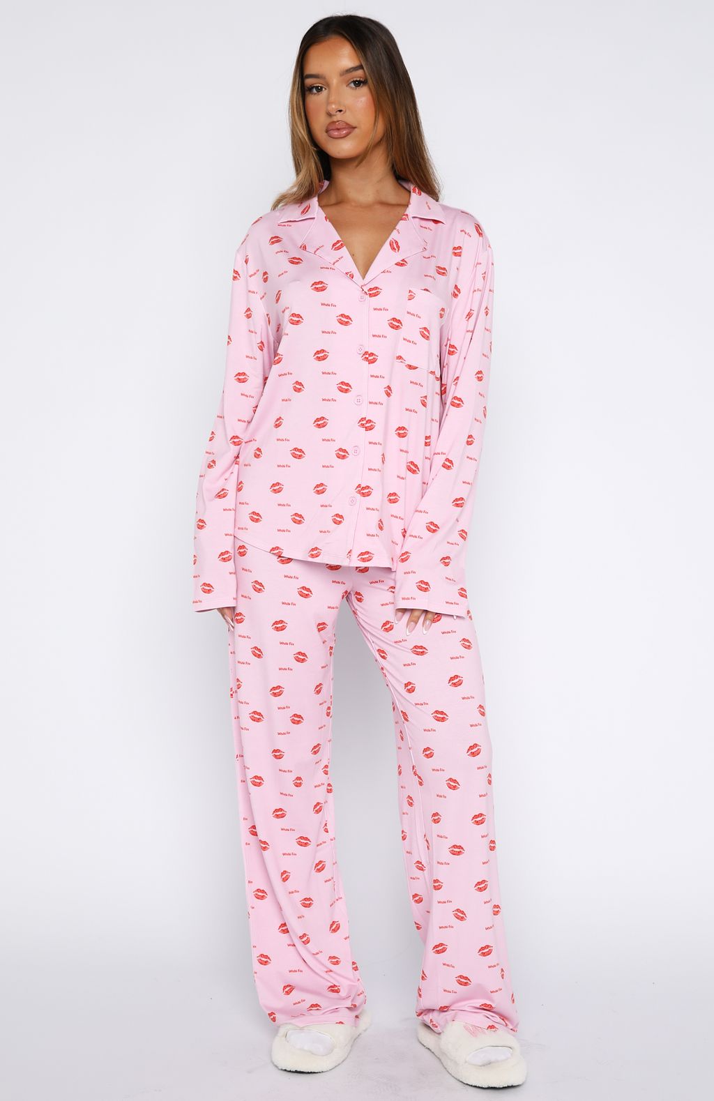 White Fox Pillow Talk Printed Long Sleeve Pyjama Set Strawberry Kisses