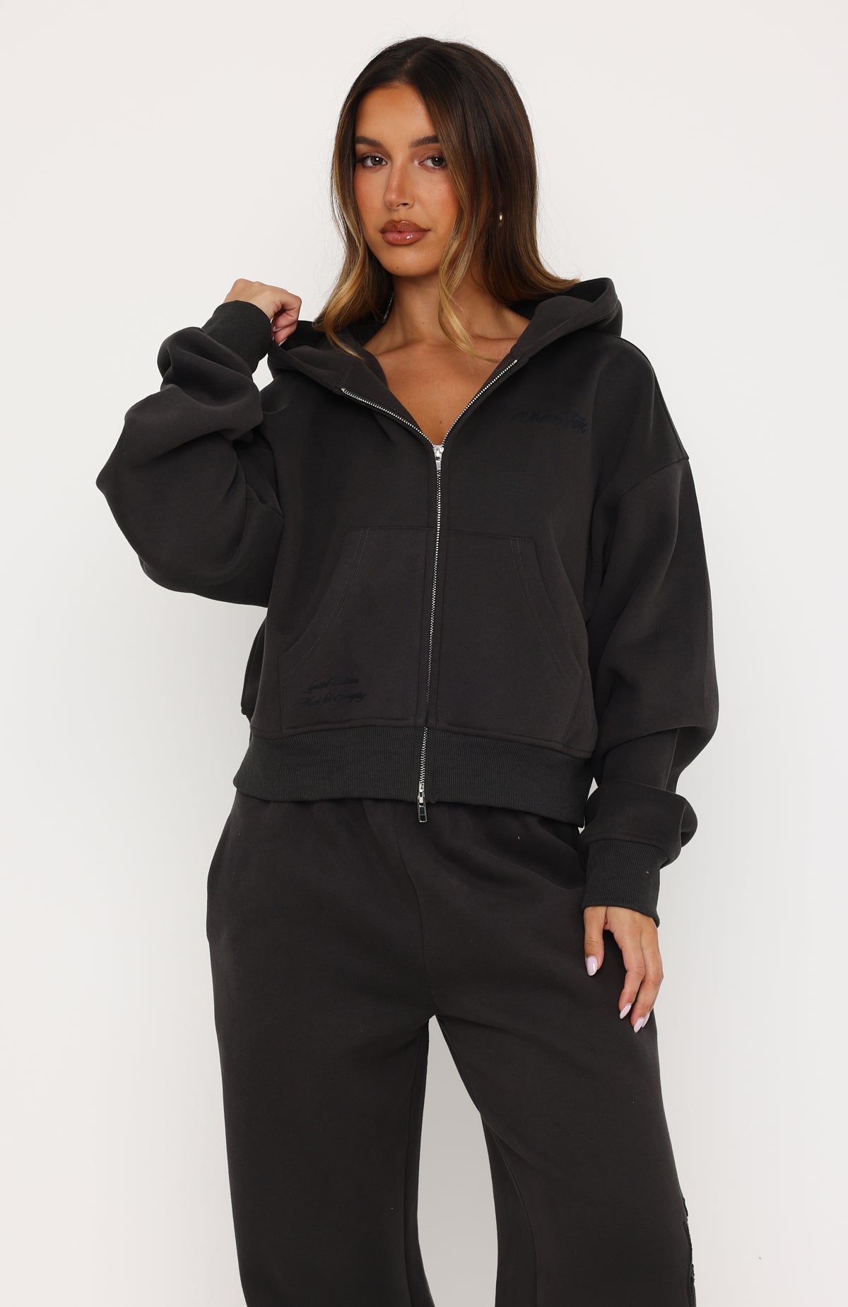 White Fox Studio 17 Willa Boxy Zip Front Hoodie Charcoal