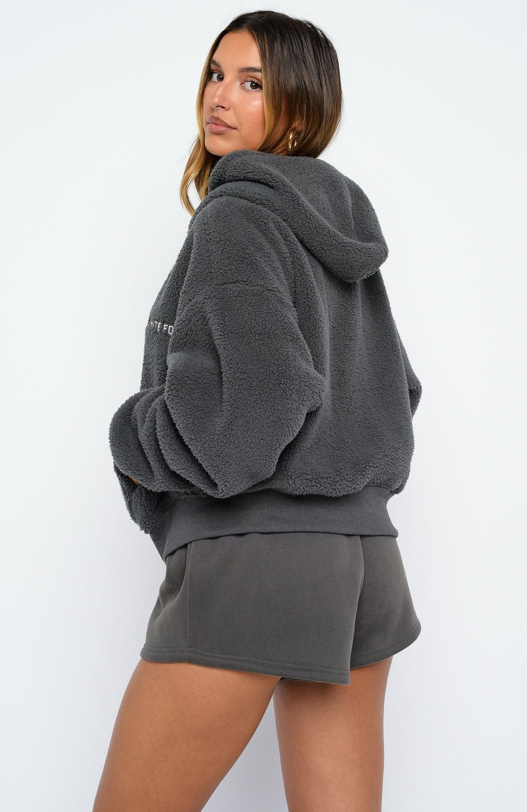 White Fox Always First Teddy Borg Boxy Zip Front Hoodie Charcoal