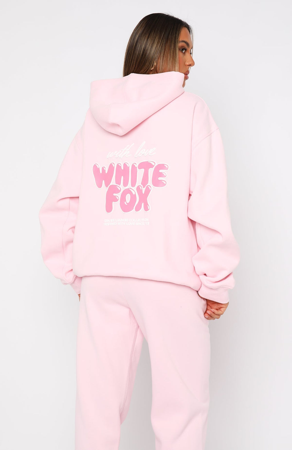 White Fox With Love Always Oversized Hoodie Baby Pink