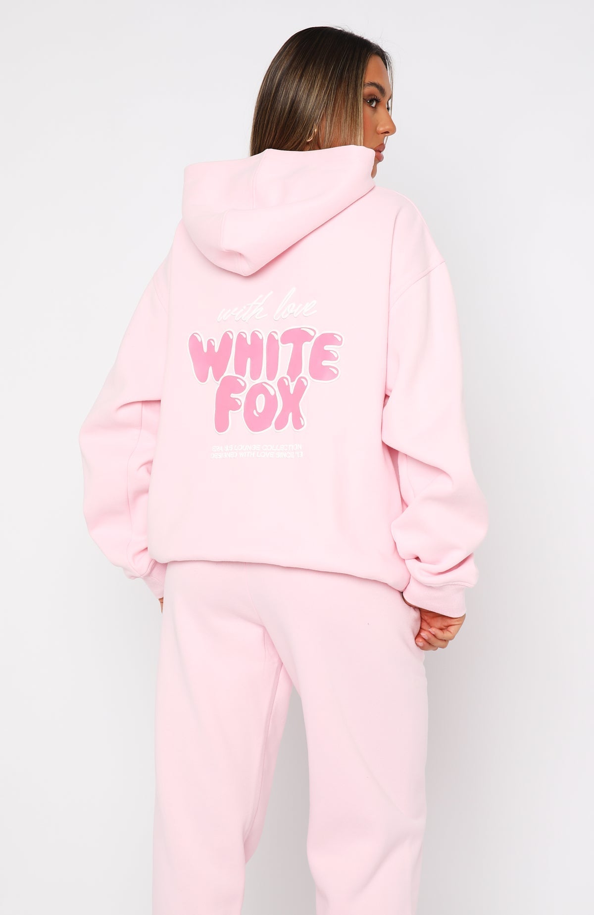 White Fox With Love Always Oversized Hoodie Baby Pink