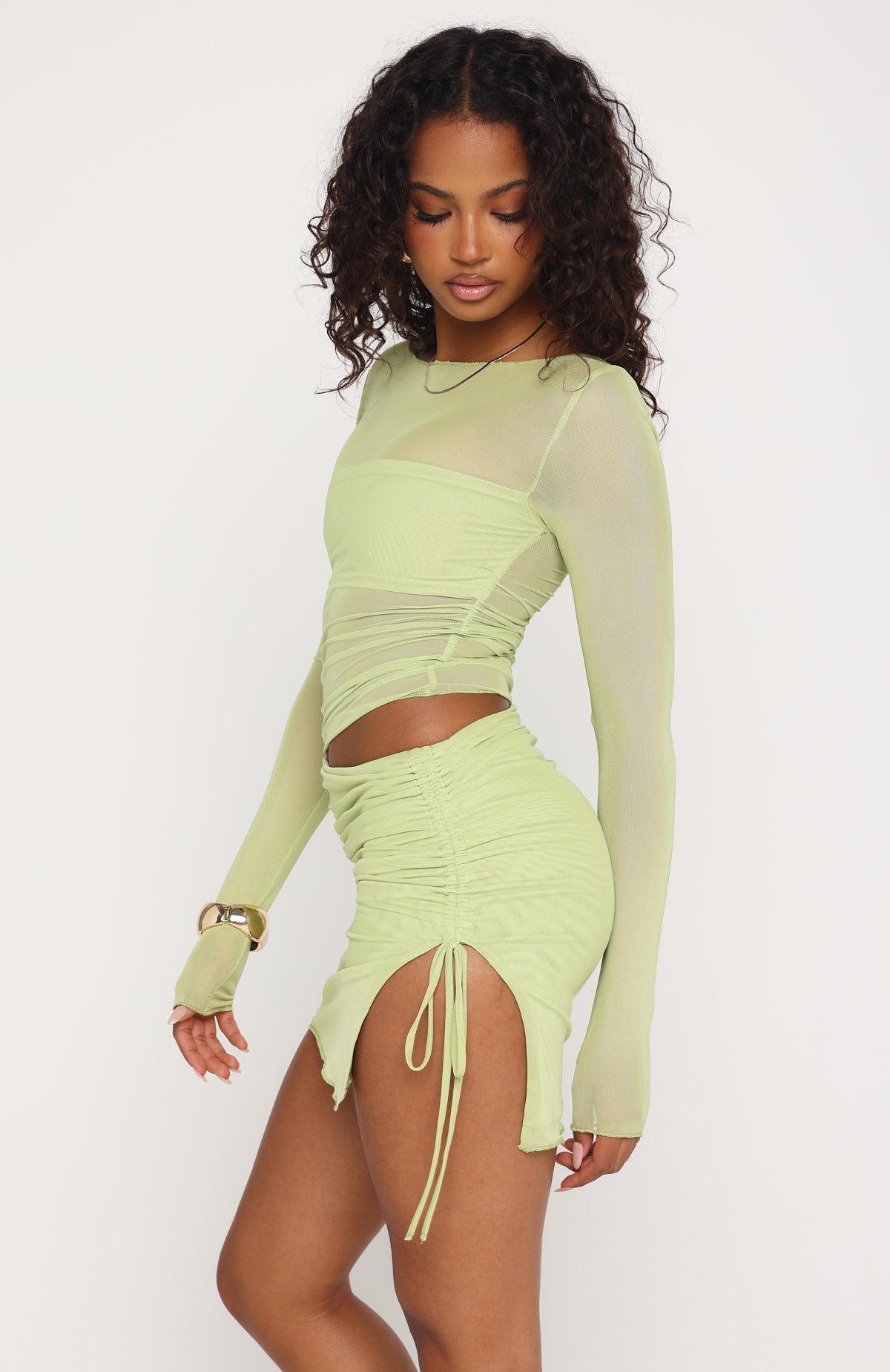 White Fox Fall Into Me Long Sleeve Mini Dress Matcha
