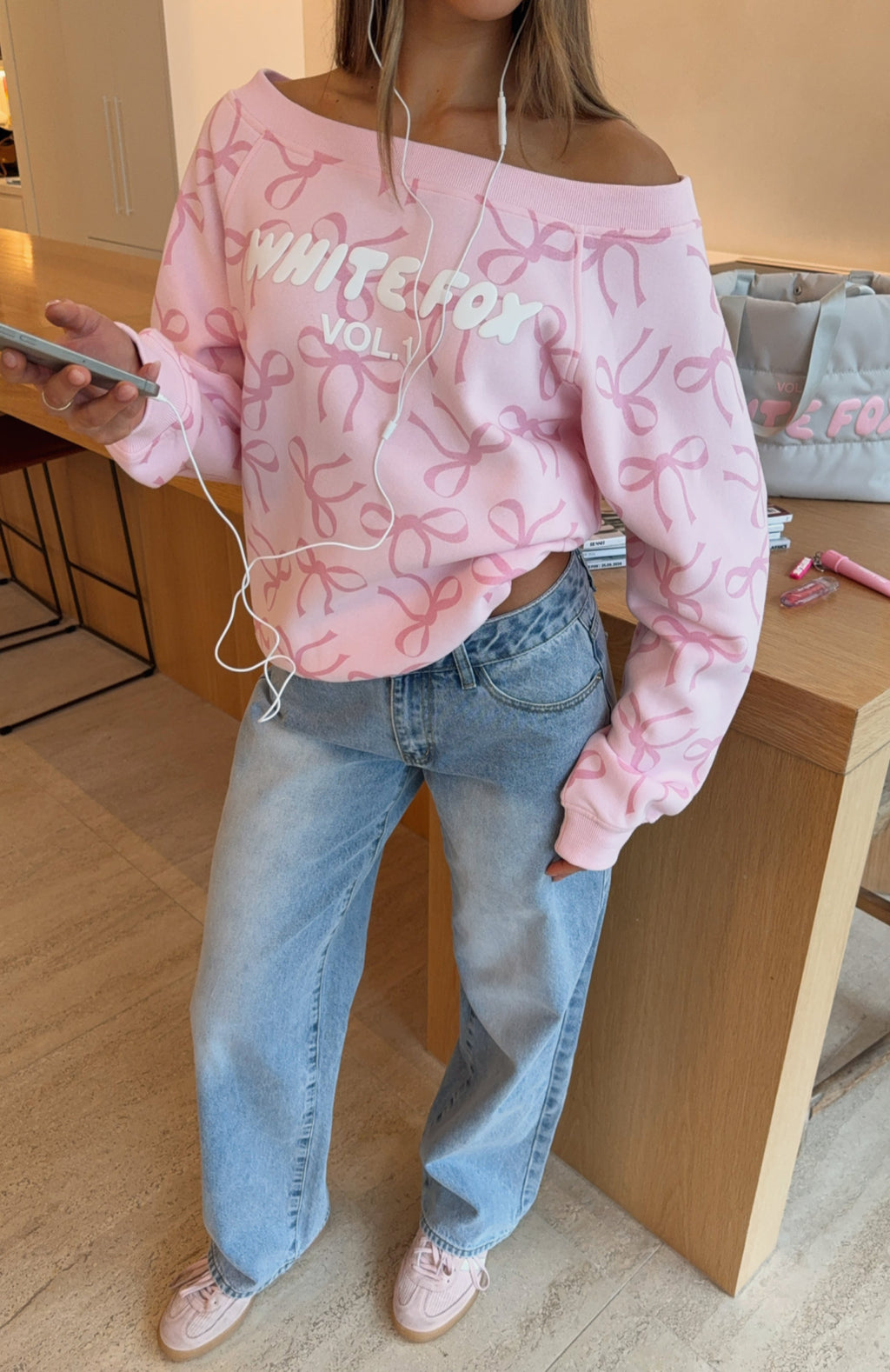 White Fox Vol. 1 Off Shoulder Printed Sweater Posy Bow