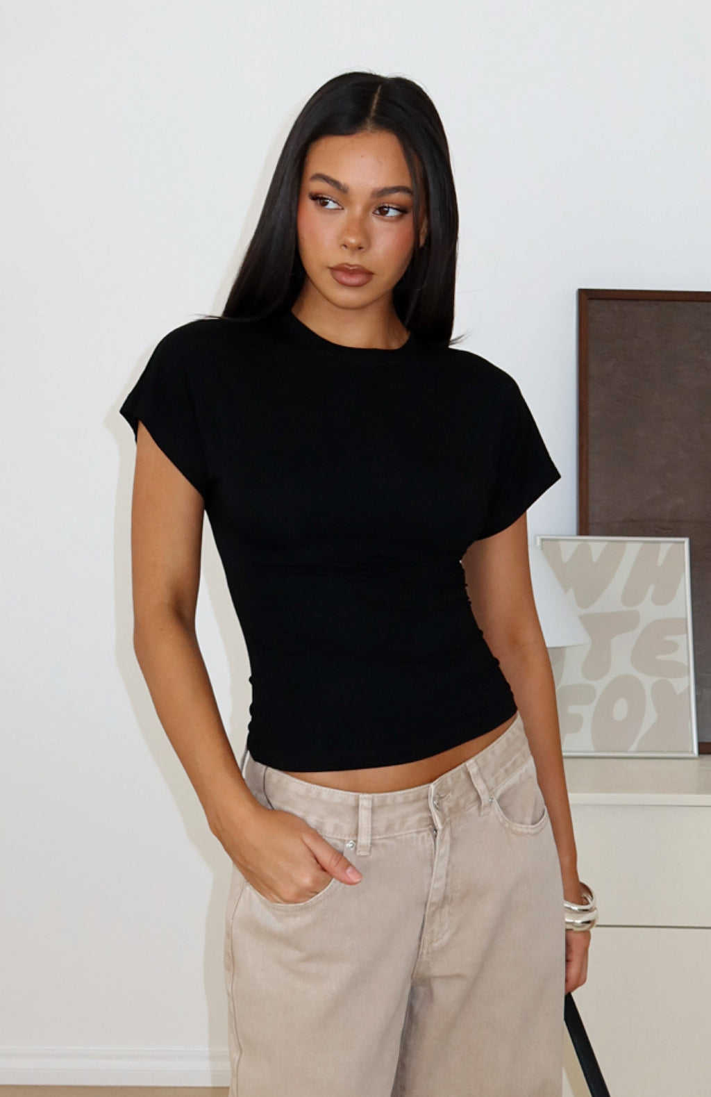White Fox Never The Right Time Cinched Waist Short Sleeve Top Black