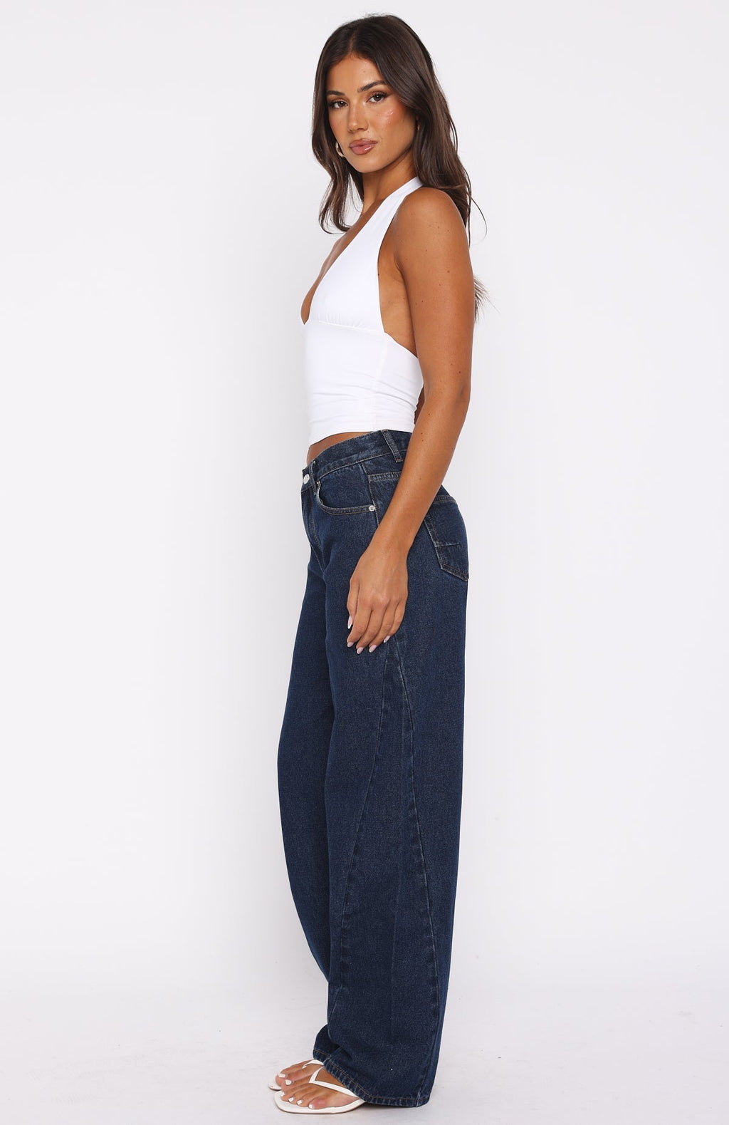 White Fox Kiara Mid Rise Barrel Leg Jeans Dark Blue