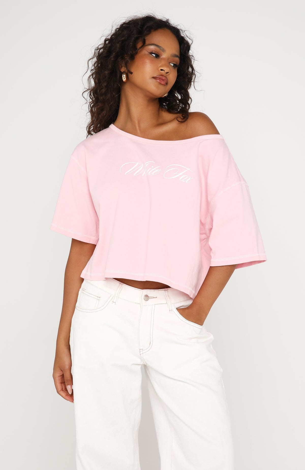 White Fox Need More Time Off Shoulder Oversized Tee Pink