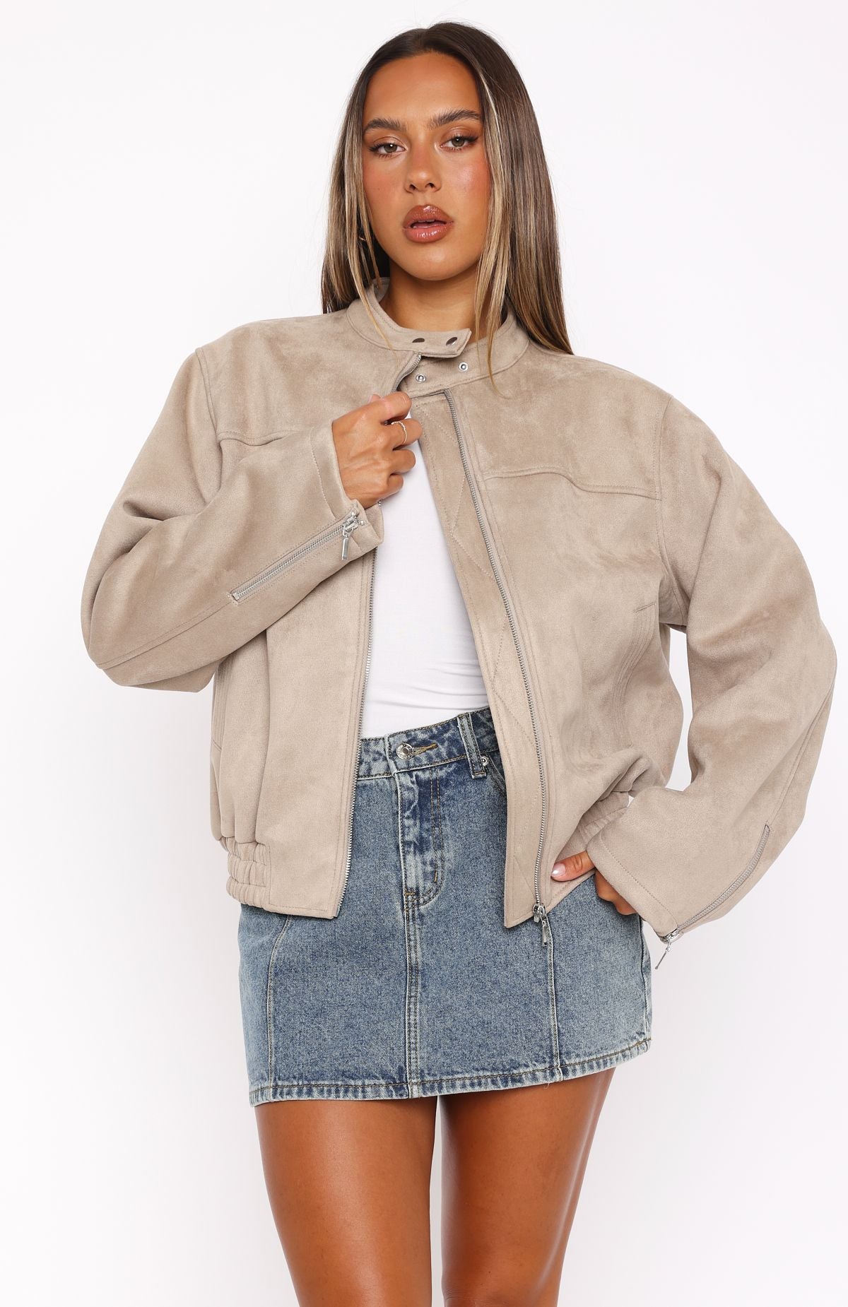 White Fox Watchin' Out Faux Suede Bomber Jacket Sand