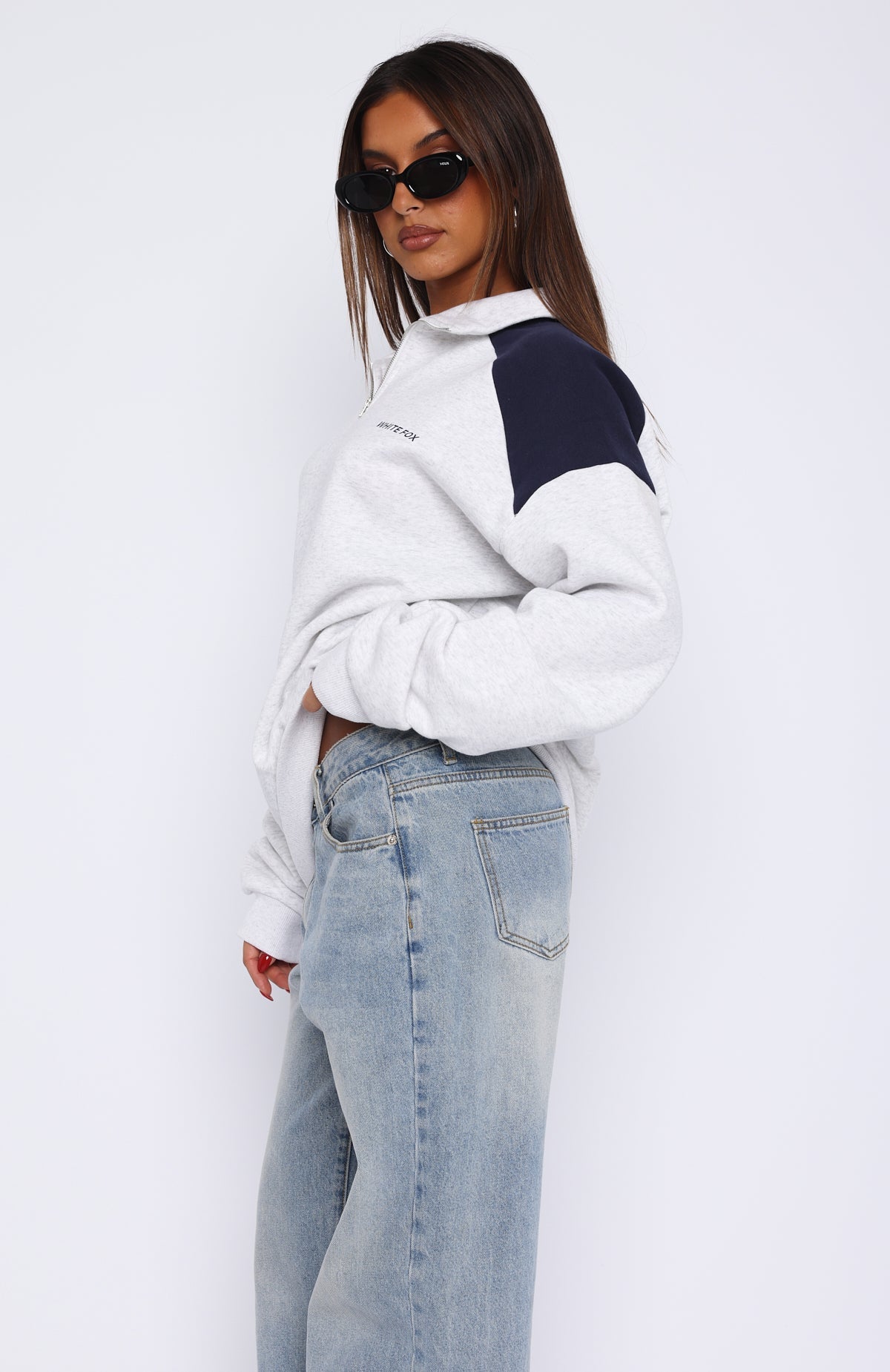 White Fox It's A Bad Idea Zip Front Sweater Grey