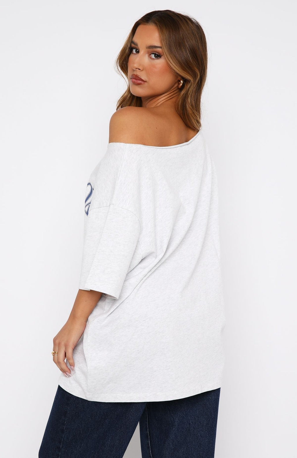 White Fox Everything In Time Off Shoulder Oversized Tee Grey Marle
