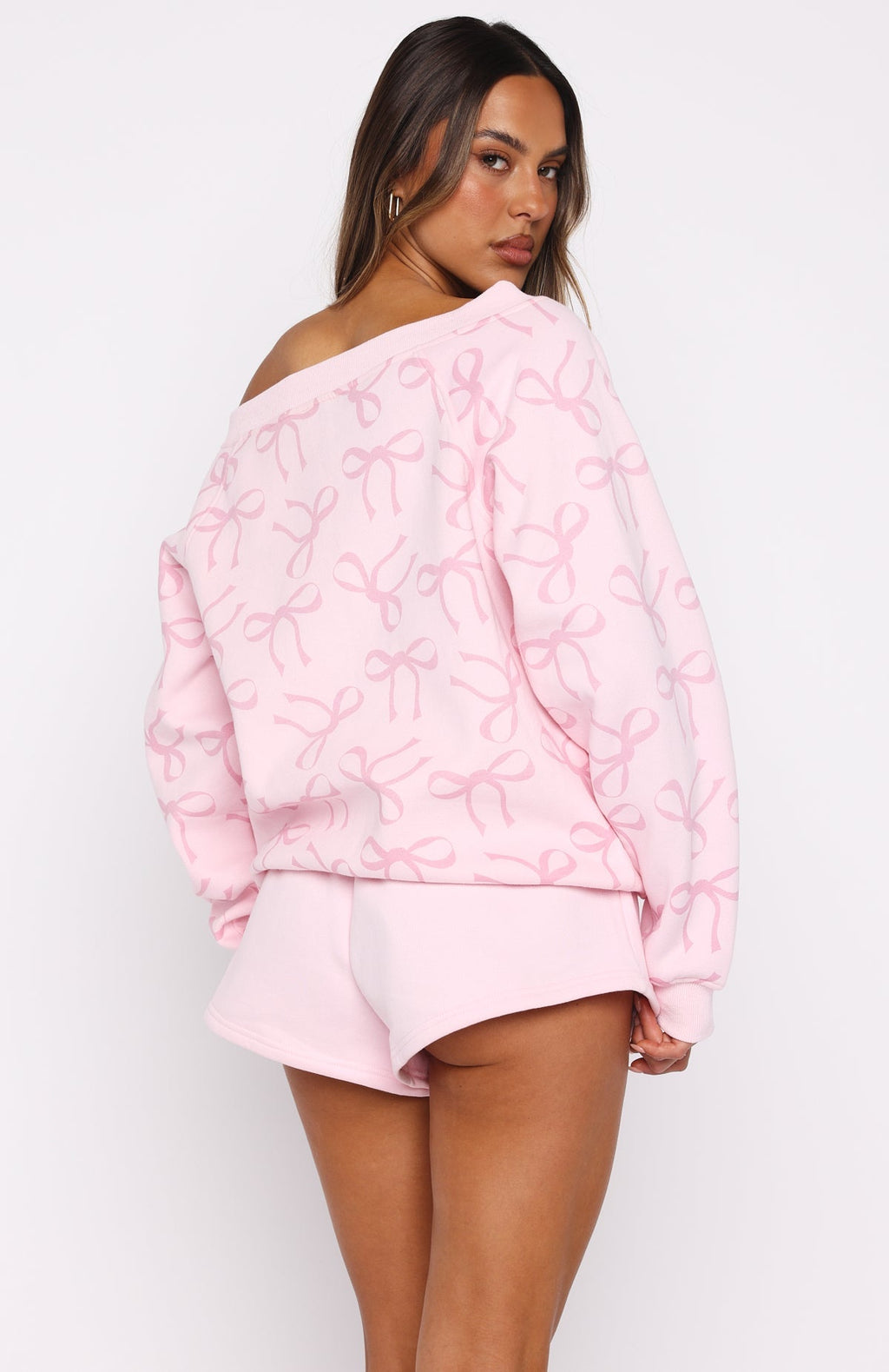 White Fox Vol. 1 Off Shoulder Printed Sweater Posy Bow