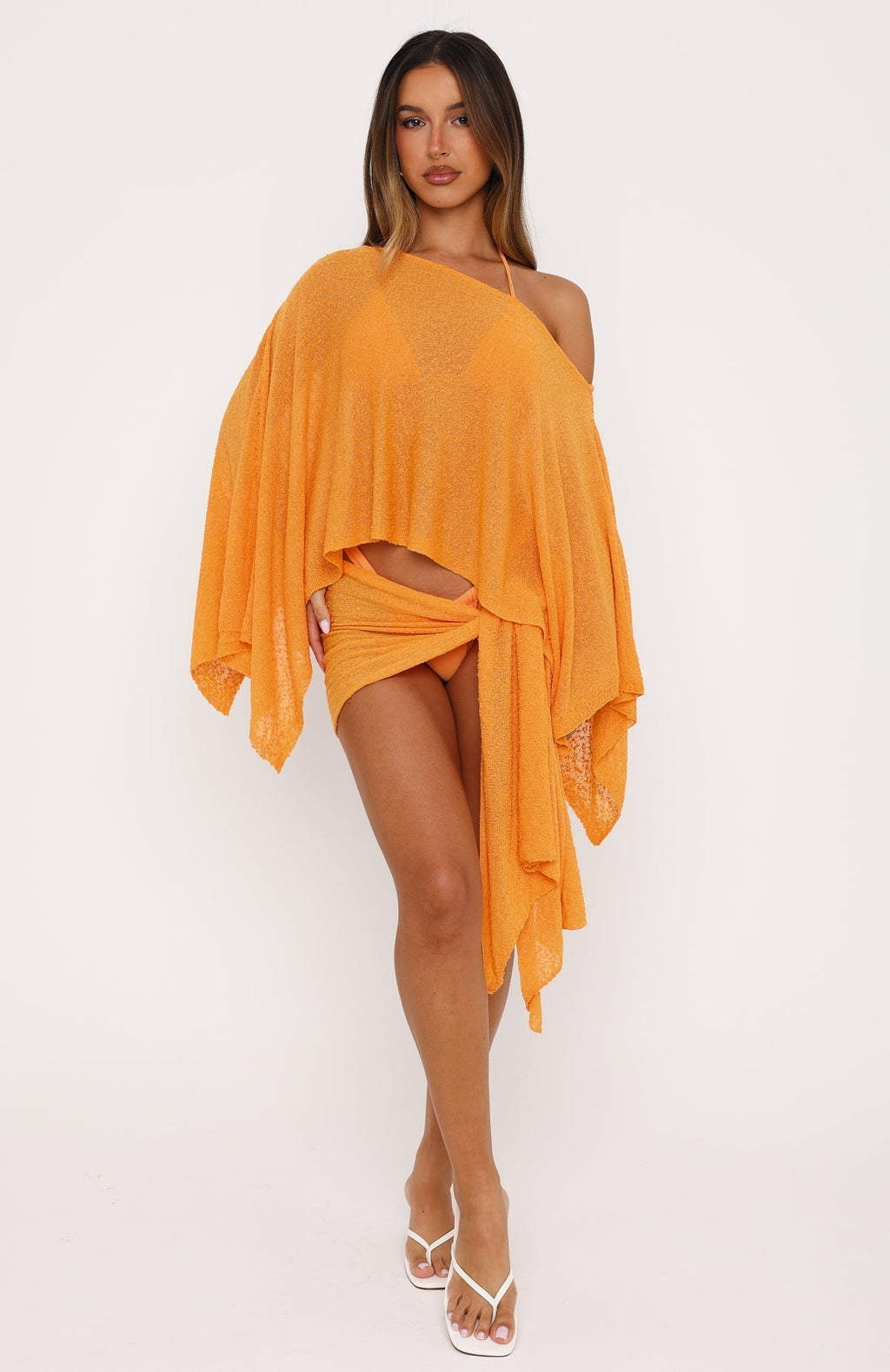 White Fox Sunset Silhouette Knit Poncho Top Marigold