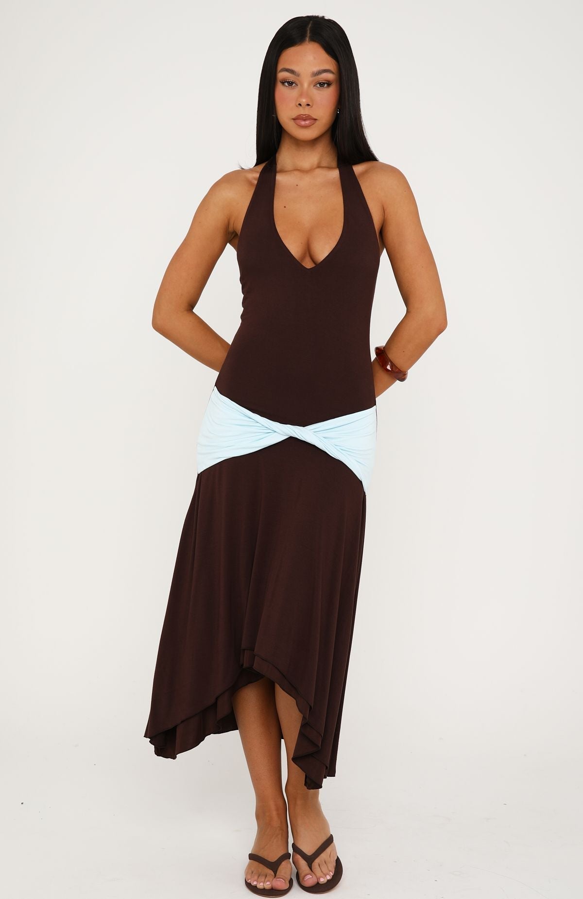White Fox Simple Sweet Midi Dress Chocolate/Baby Blue