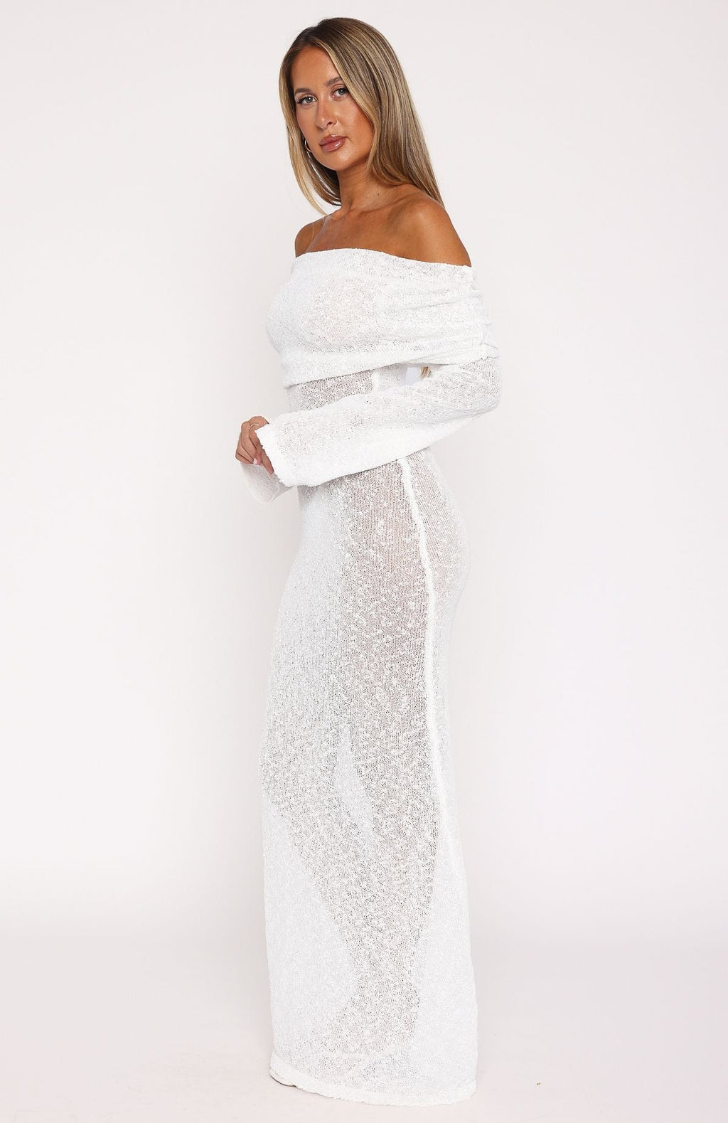 White Fox Made It Out Long Sleeve Boucle Maxi Dress White