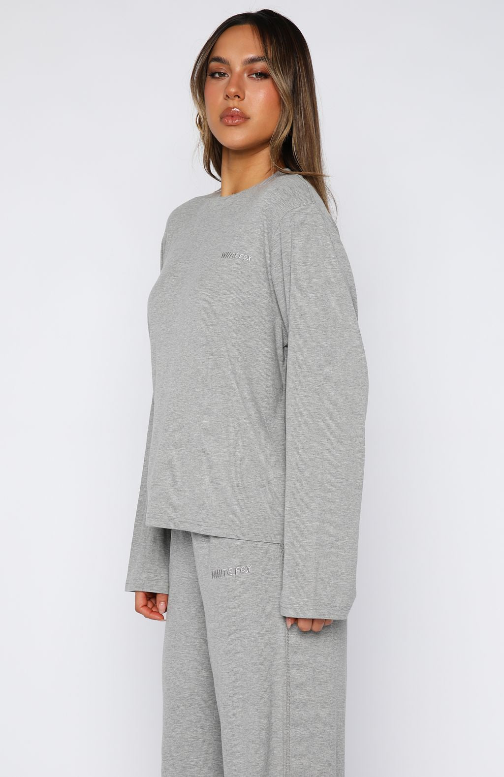 White Fox Come A Long Way Soft Lounge Long Sleeve Ribbed Tee Grey Marle