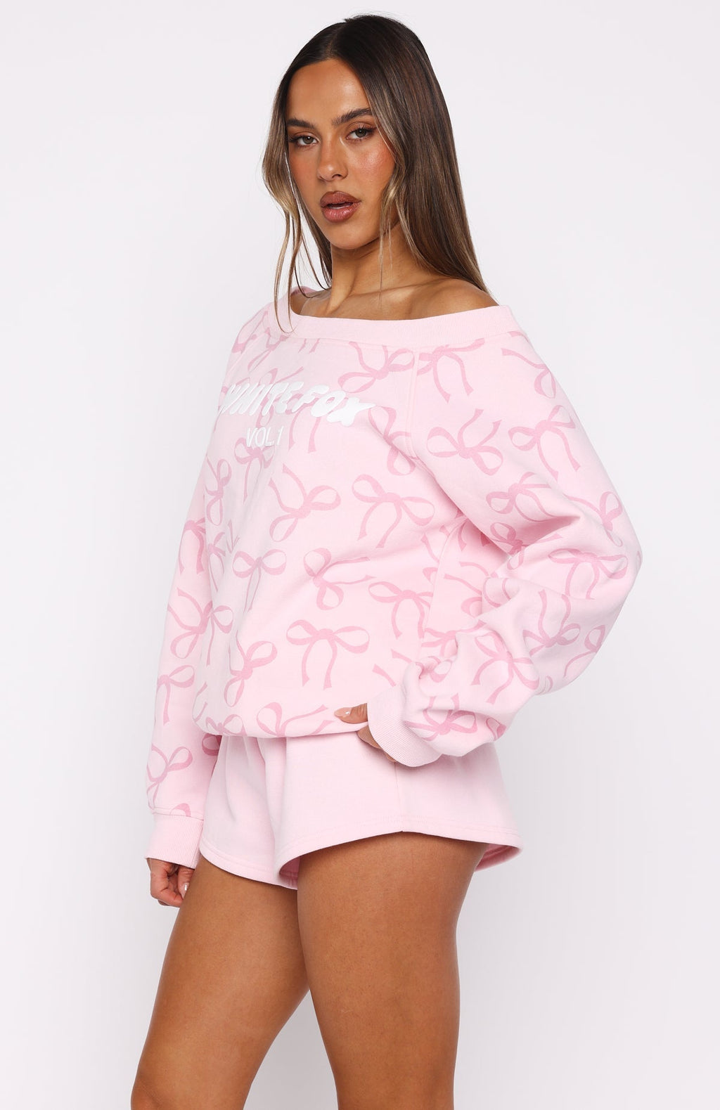 White Fox Vol. 1 Off Shoulder Printed Sweater Posy Bow