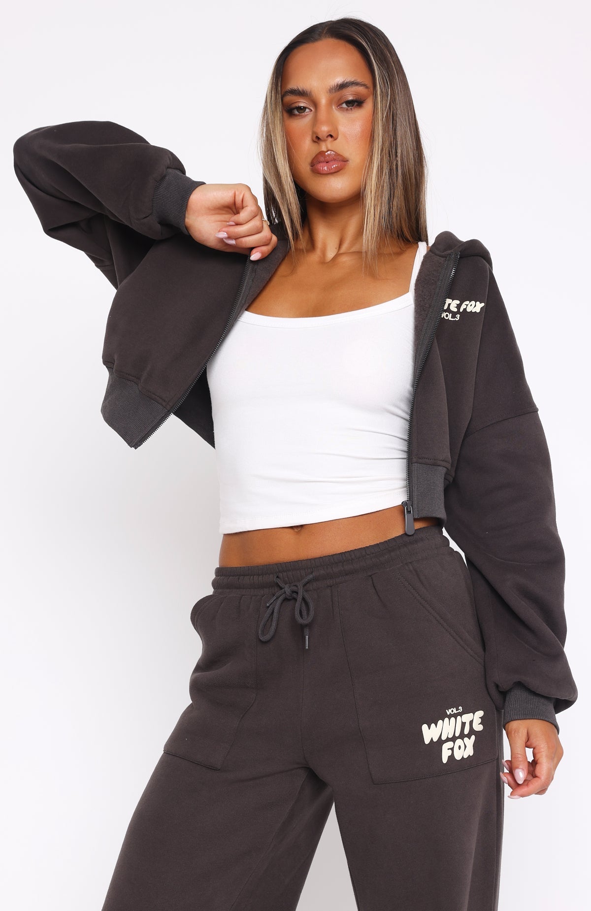 White Fox Offstage Cropped Zip Hoodie Shadow