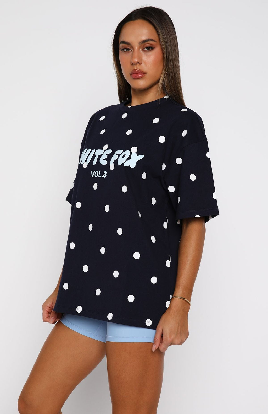 White Fox Offstage Printed Oversized Tee Navy Polka Dot