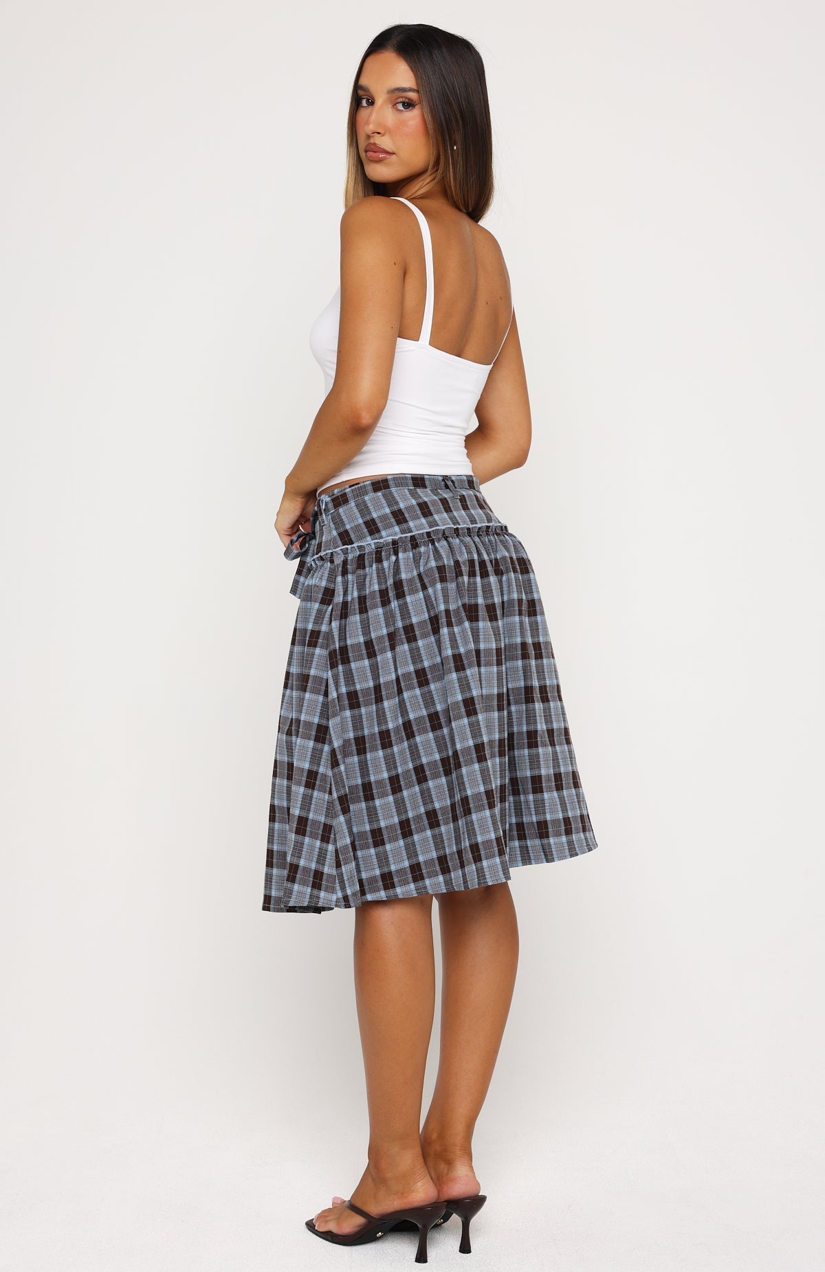 White Fox Make You Blush Midi Skirt Blue/Chocolate Check