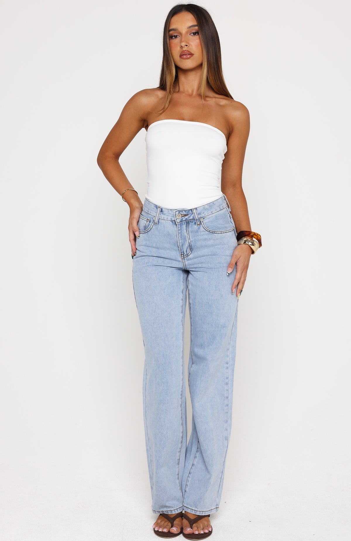 White Fox Seren Mid Rise Straight Leg Jeans Mid Blue