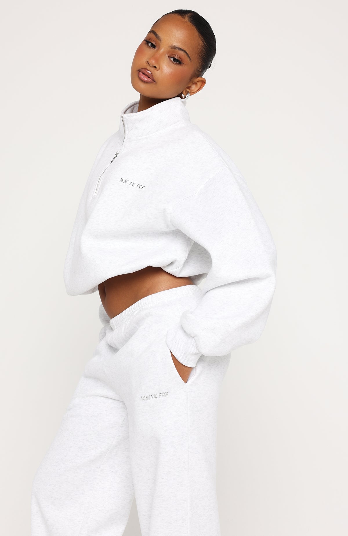 White Fox Test Drive Boxy Quarter Zip Sweater Grey Marle