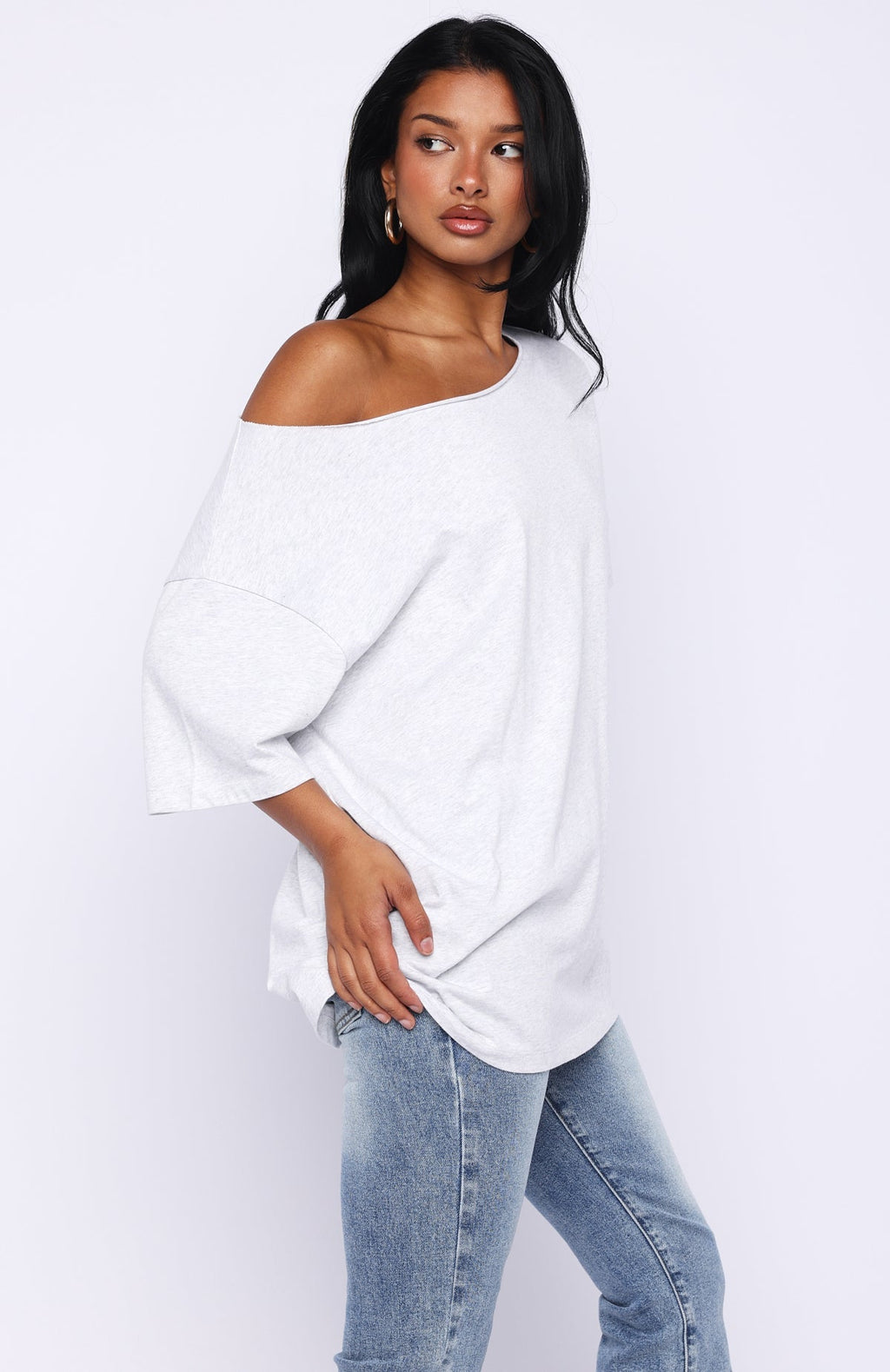 White Fox Give Me Options Off Shoulder Tee Light Grey Marle