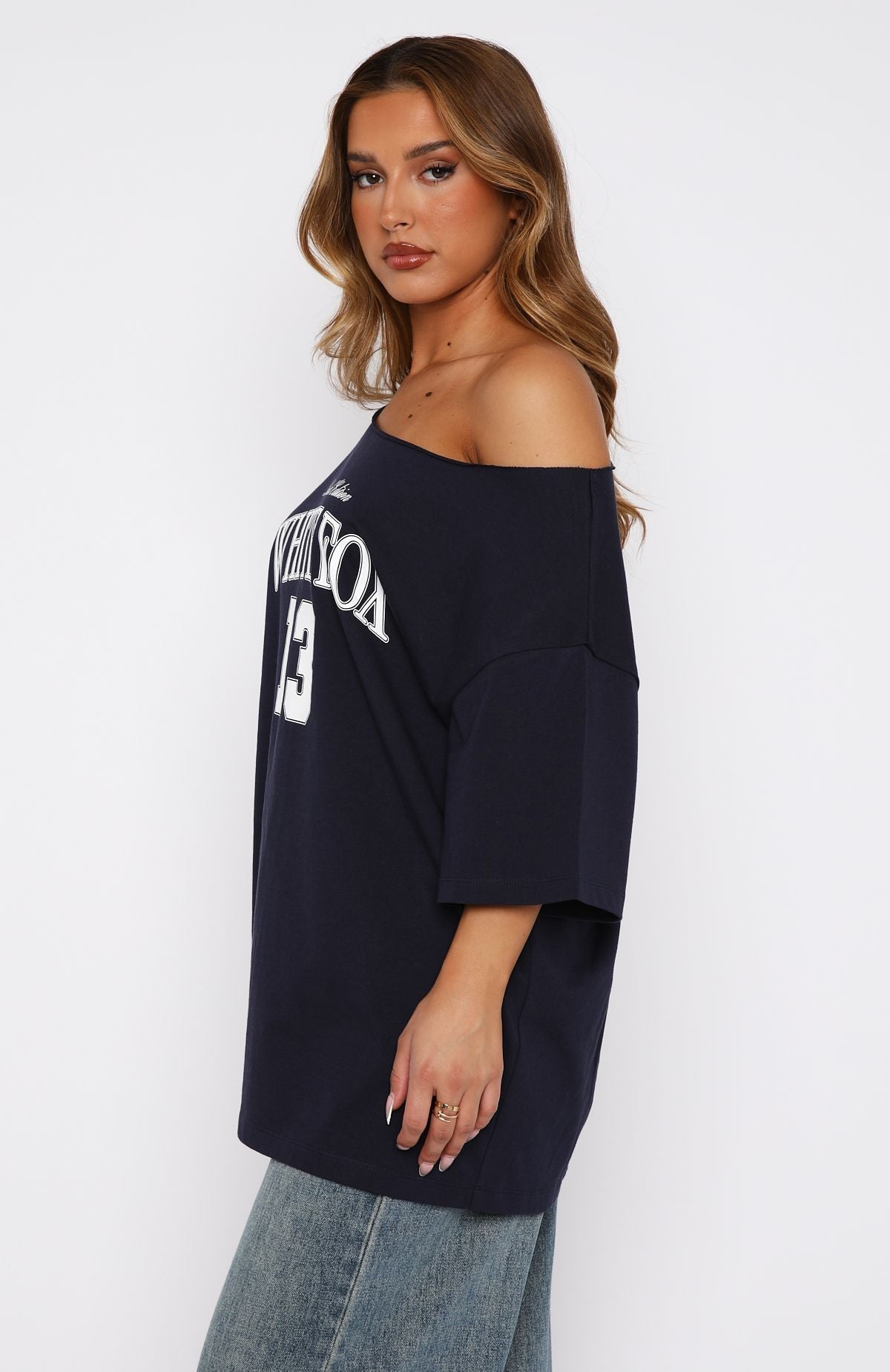 White Fox Everything In Time Off Shoulder Oversized Tee Navy