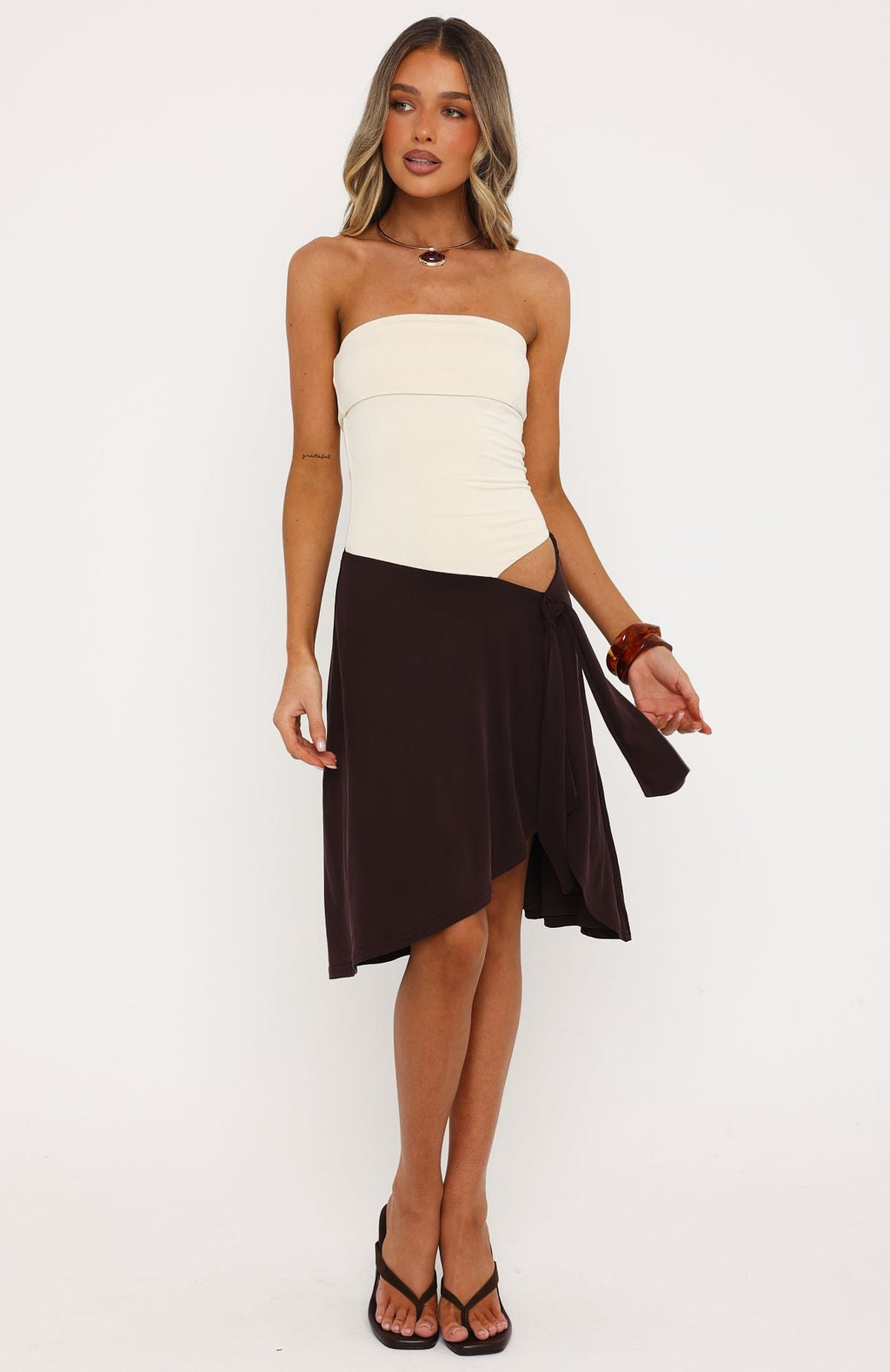 White Fox All Eyes Here Strapless Midi Dress Cream/Chocolate