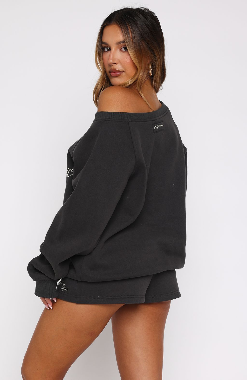 White Fox Lucky Thirteen Elsa Off Shoulder Sweater Charcoal