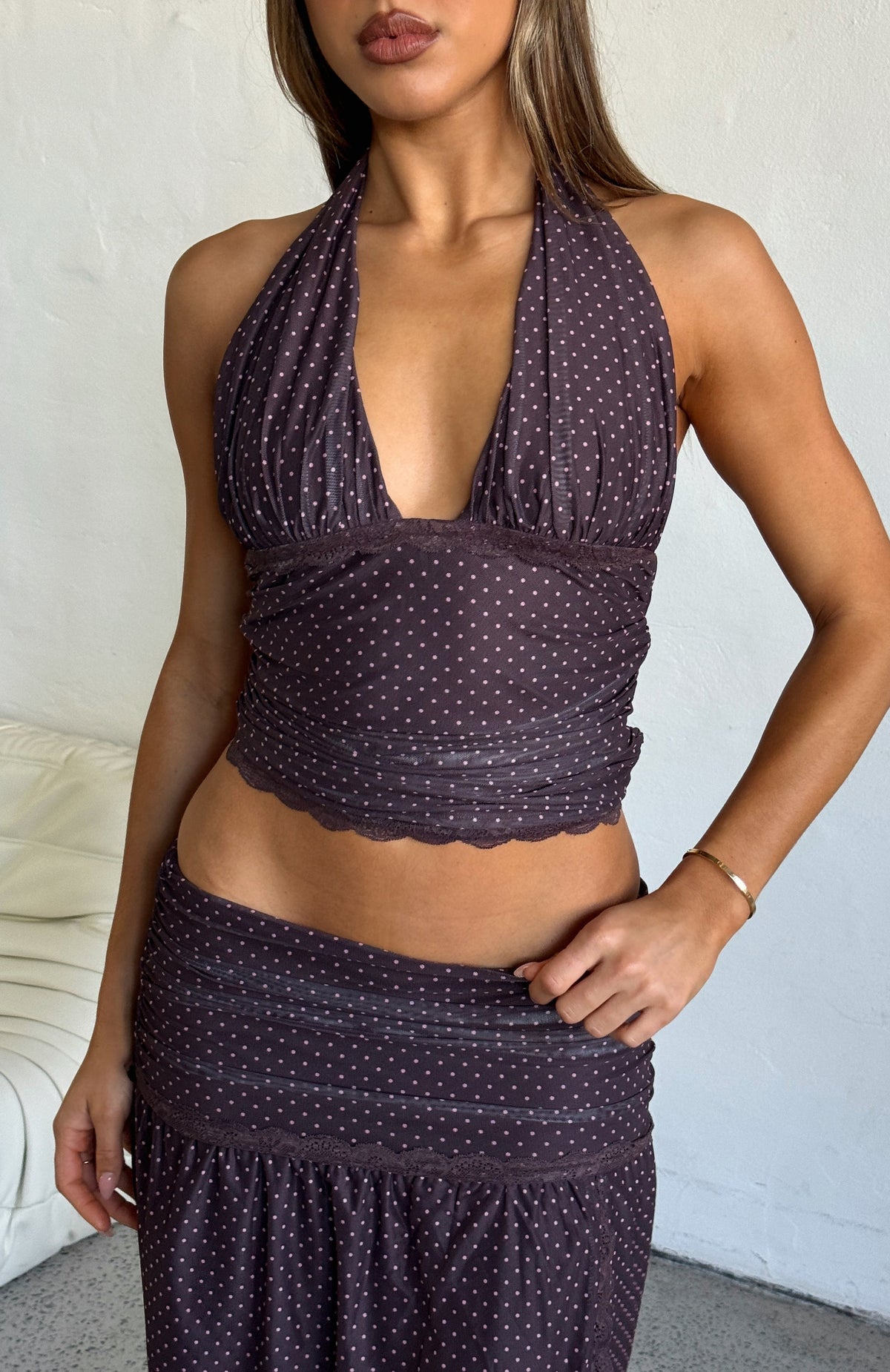 White Fox Mad At You Halter Top Choc/Pink Polka Dot