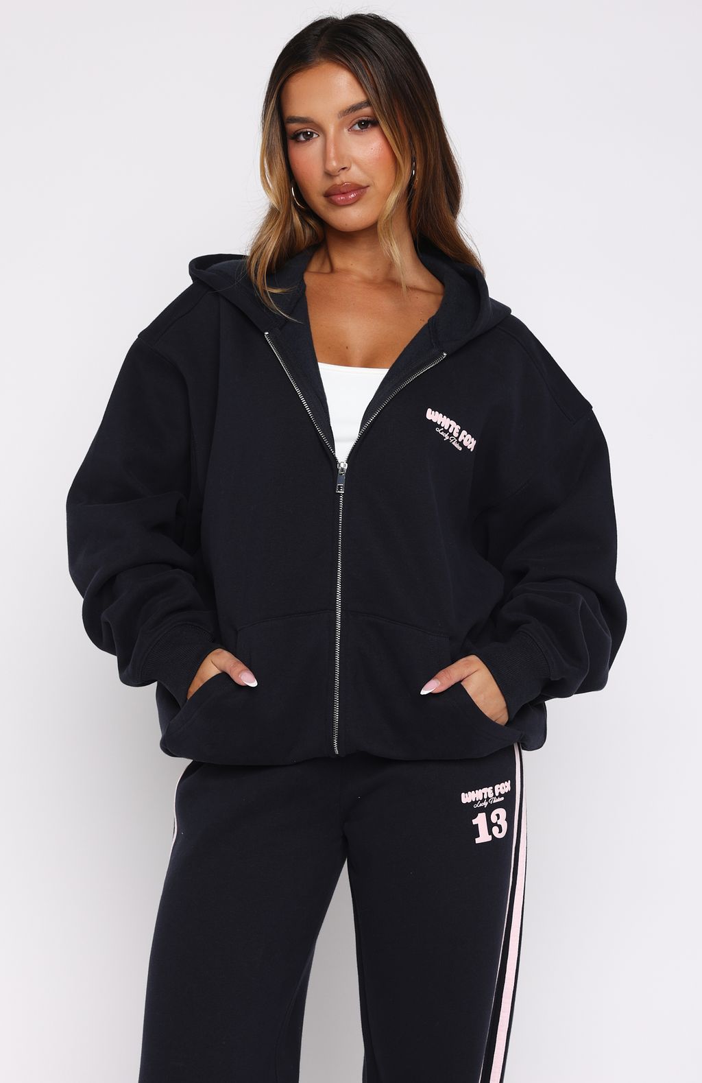White Fox Lucky Thirteen Charise Zip Front Hoodie Navy